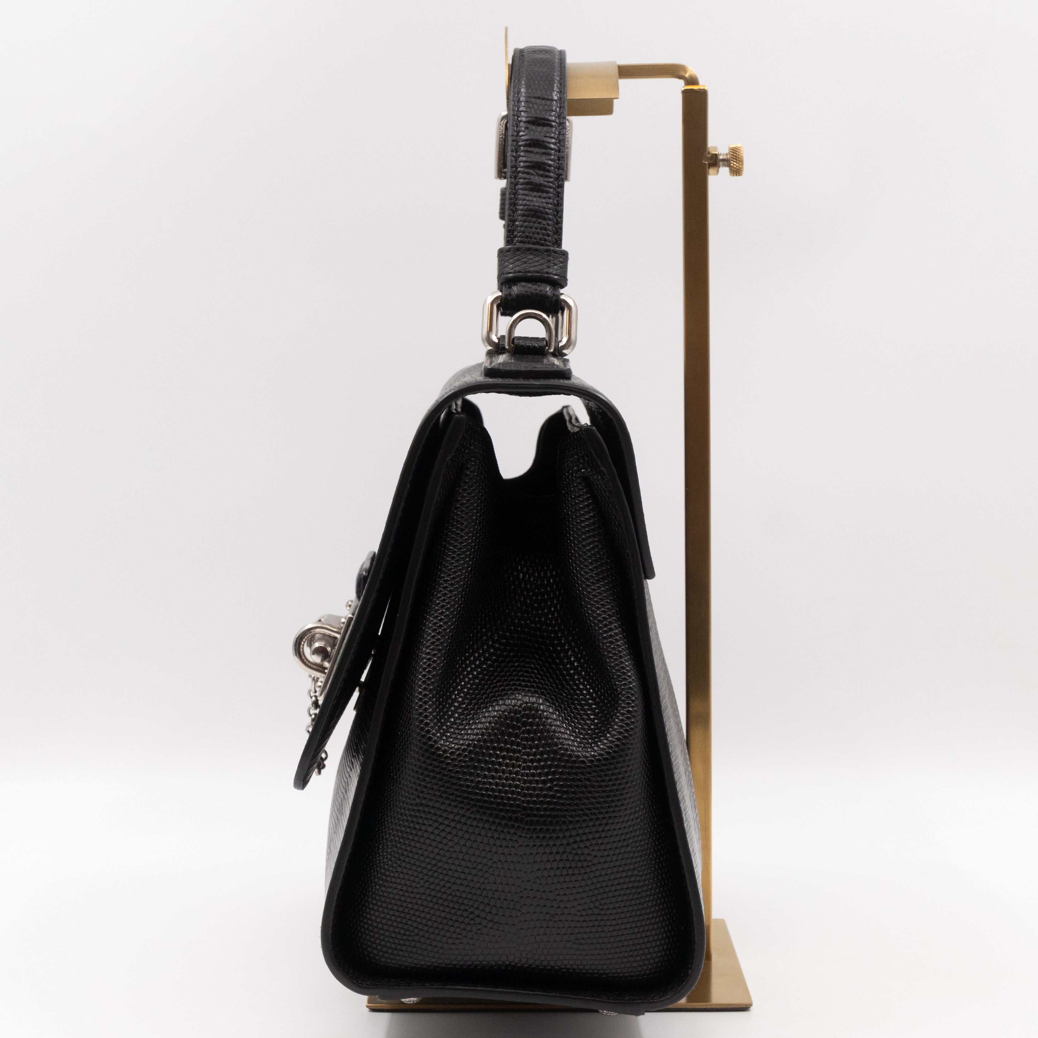 Miss Monica Top Handle Bag Lizard Embossed Leather Black