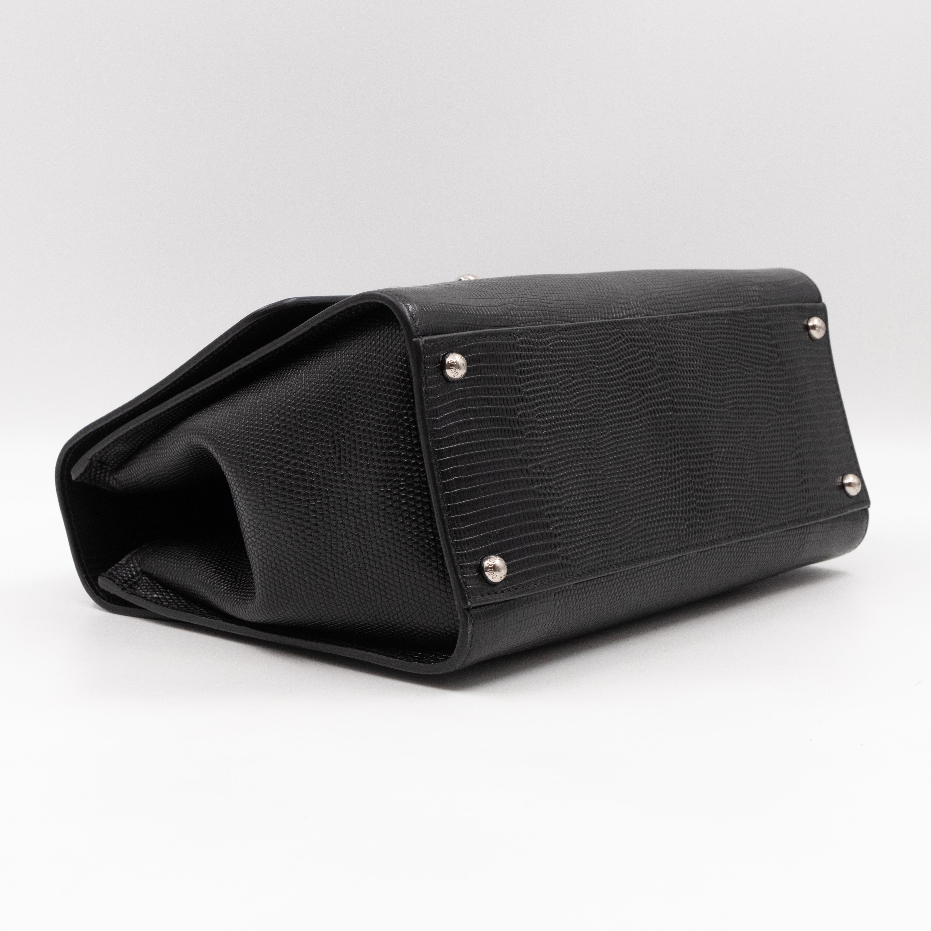 Miss Monica Top Handle Bag Lizard Embossed Leather Black