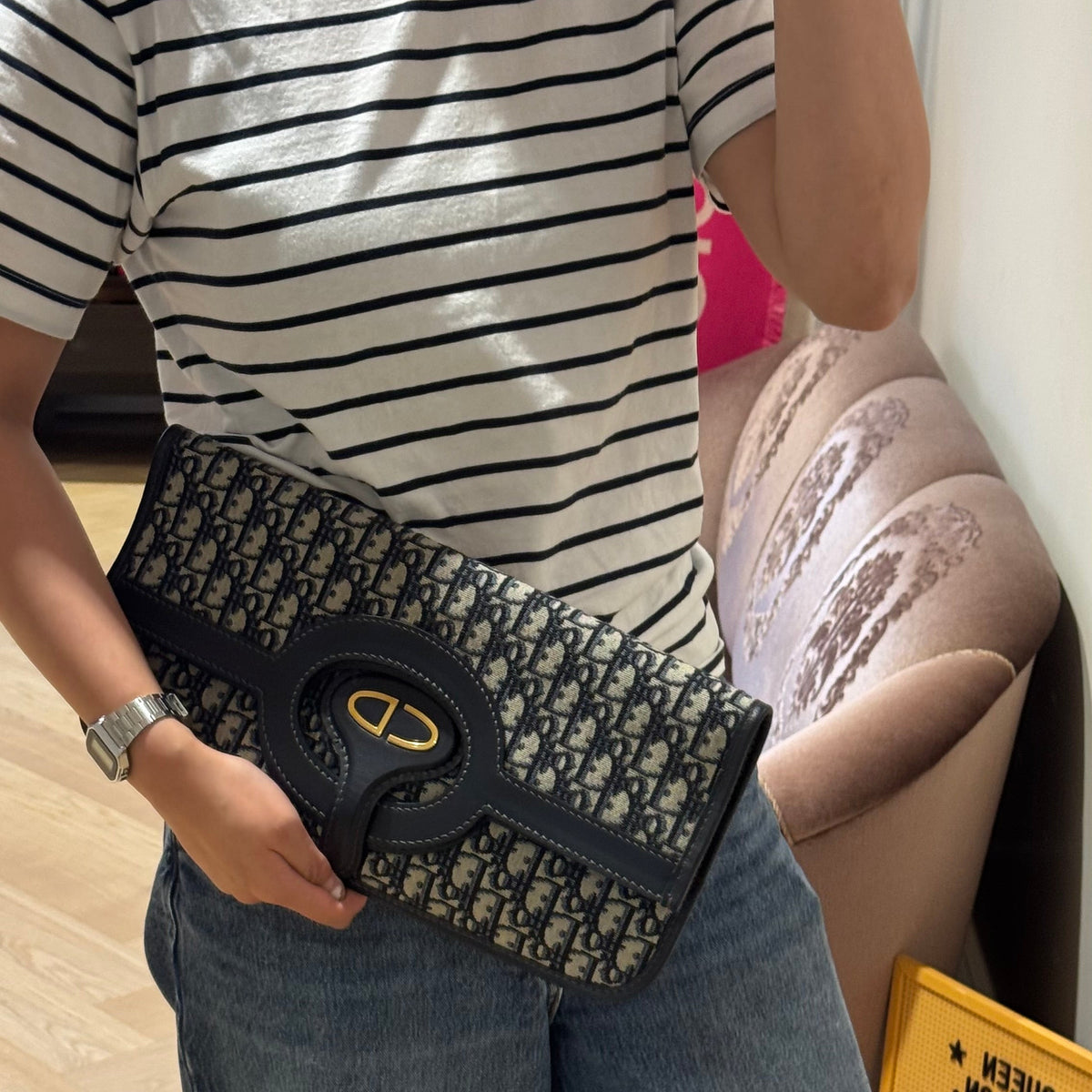 Fold Over Clutch Bag Blue Oblique Jacquard