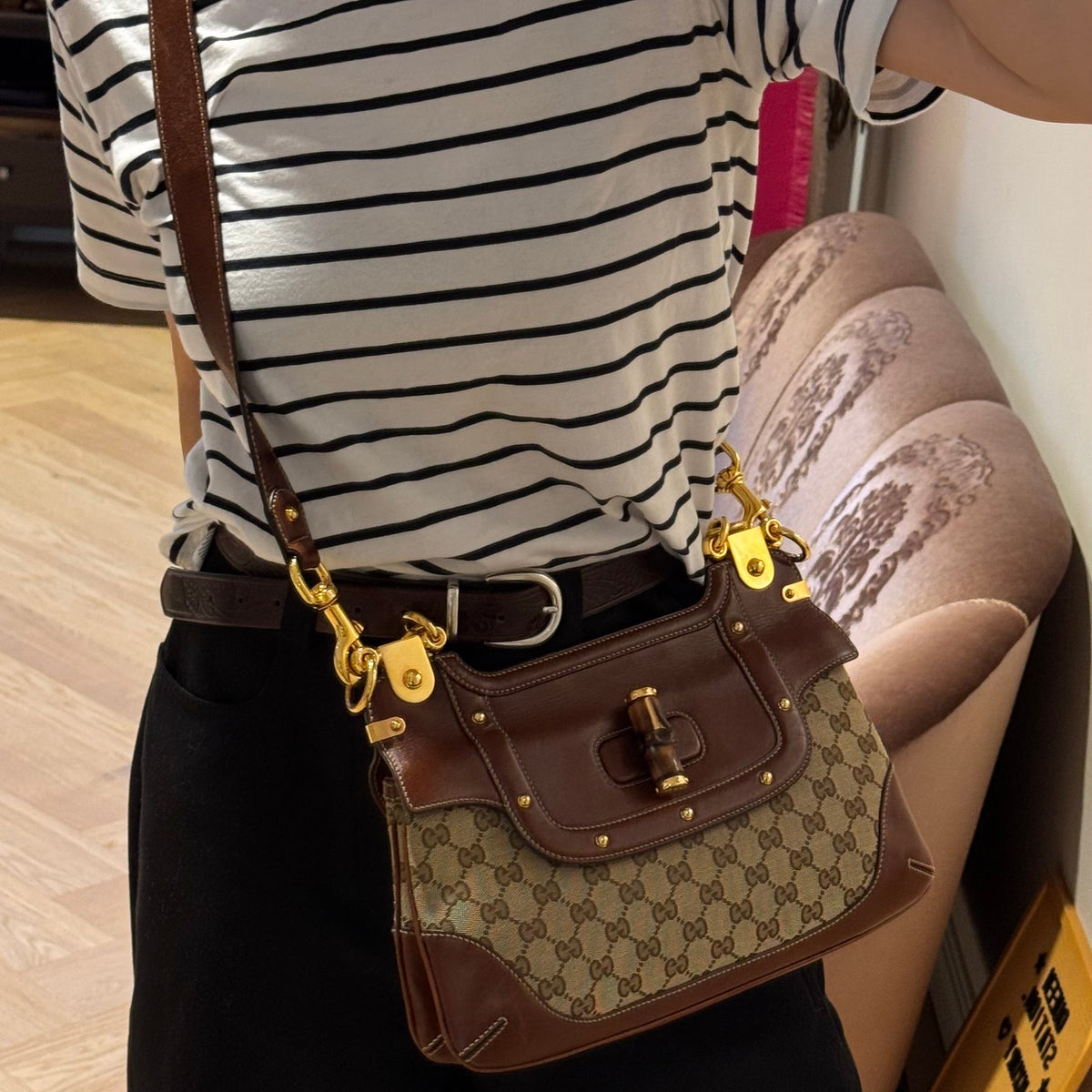 Peggy Bamboo Handle Shoulder Bag GG Canvas Brown