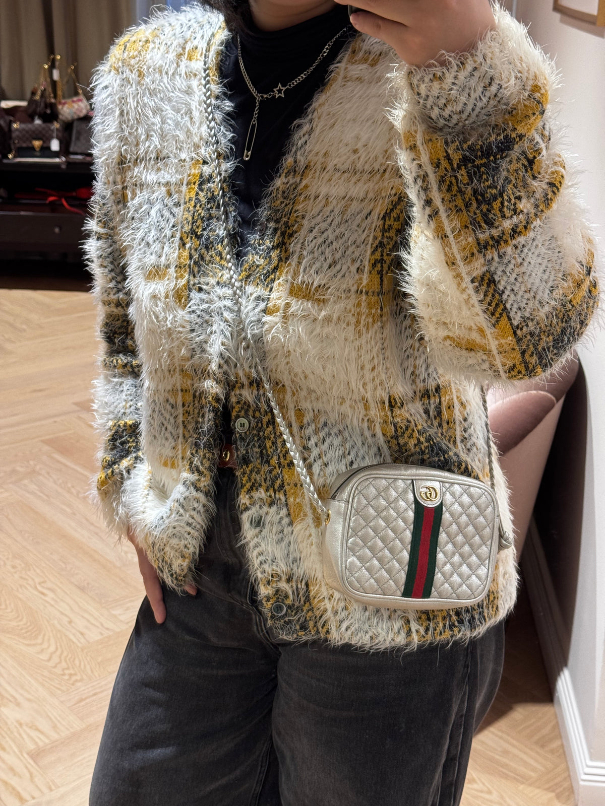 GG Shoulder Bag Silver Metallic Quilted Leather
