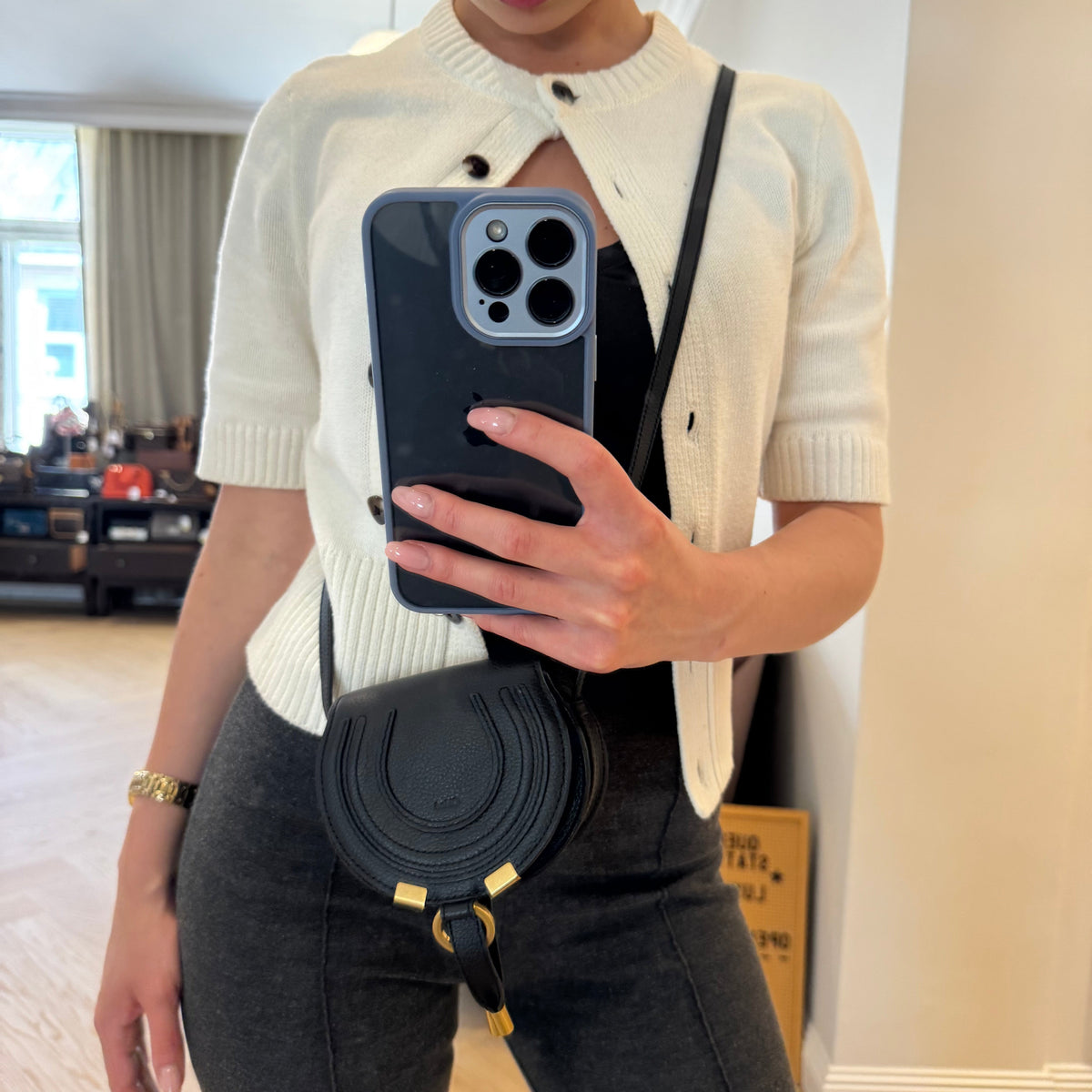 Marcie Saddle Micro Crossbody Bag Black Leather