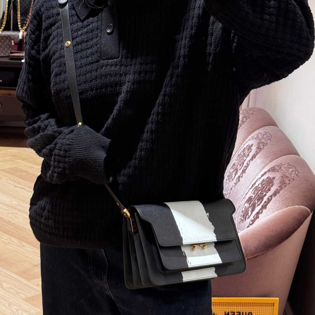 Trunk Bag Medium Black & White Leather