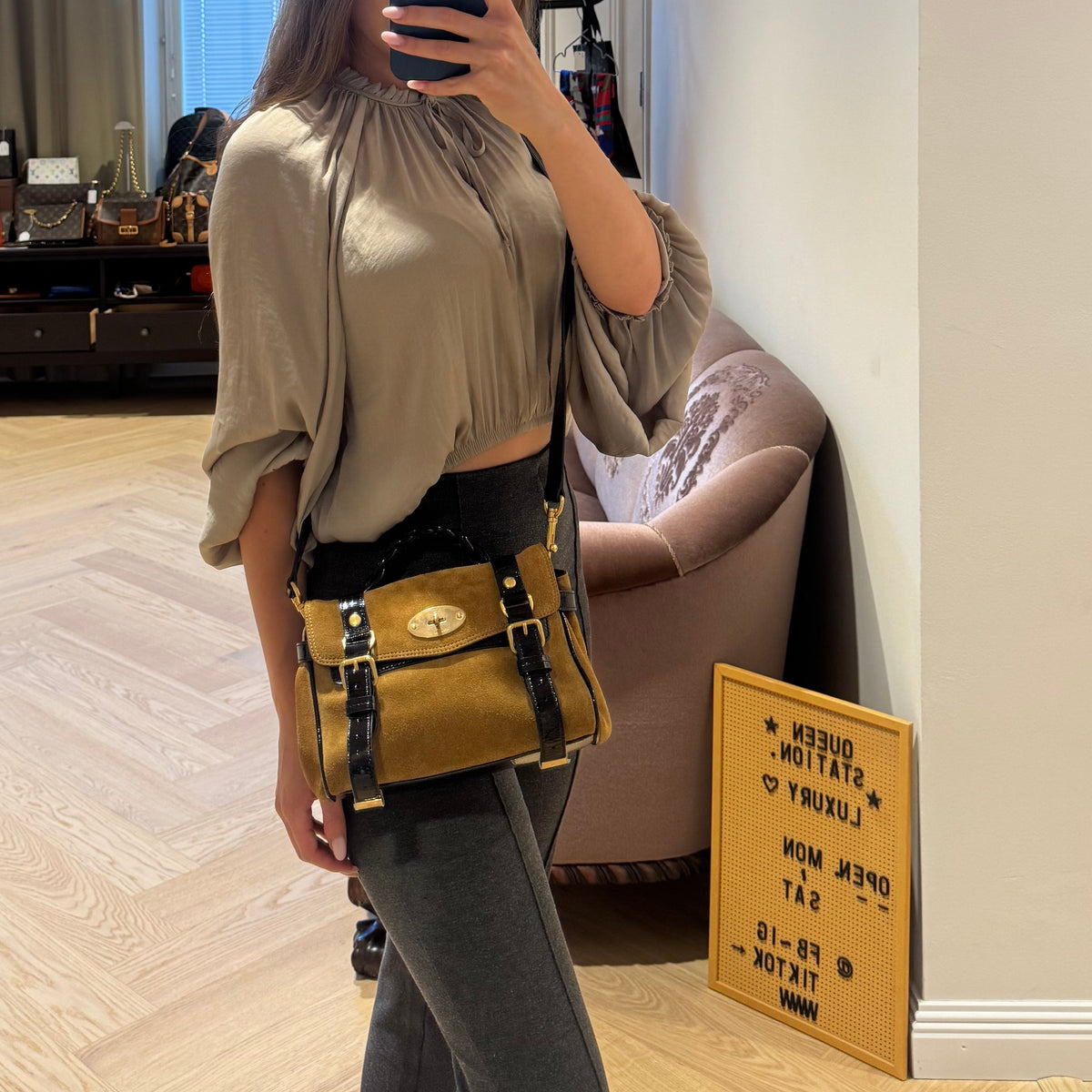 Mini Alexa Brown Suede Black Patent Leather