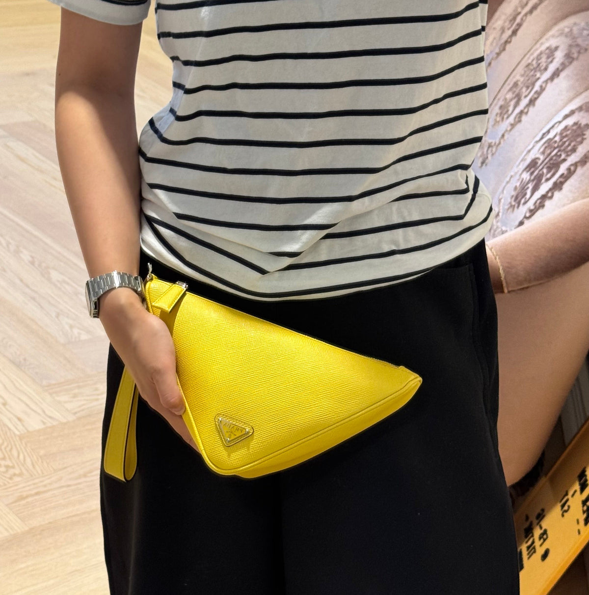 Triangle Clutch Bag Yellow Saffiano Leather