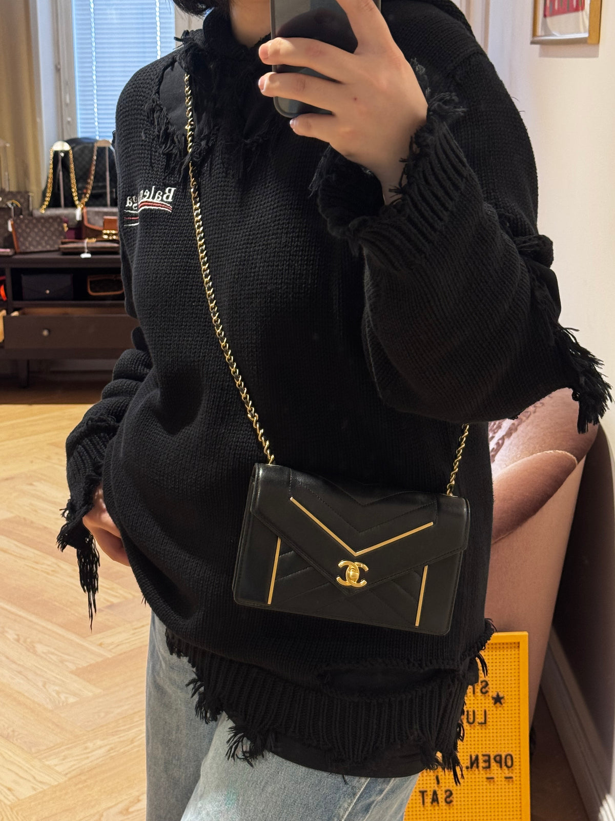 Reversed Chevron Flap Bag Black Quilted Lambskin Leather
