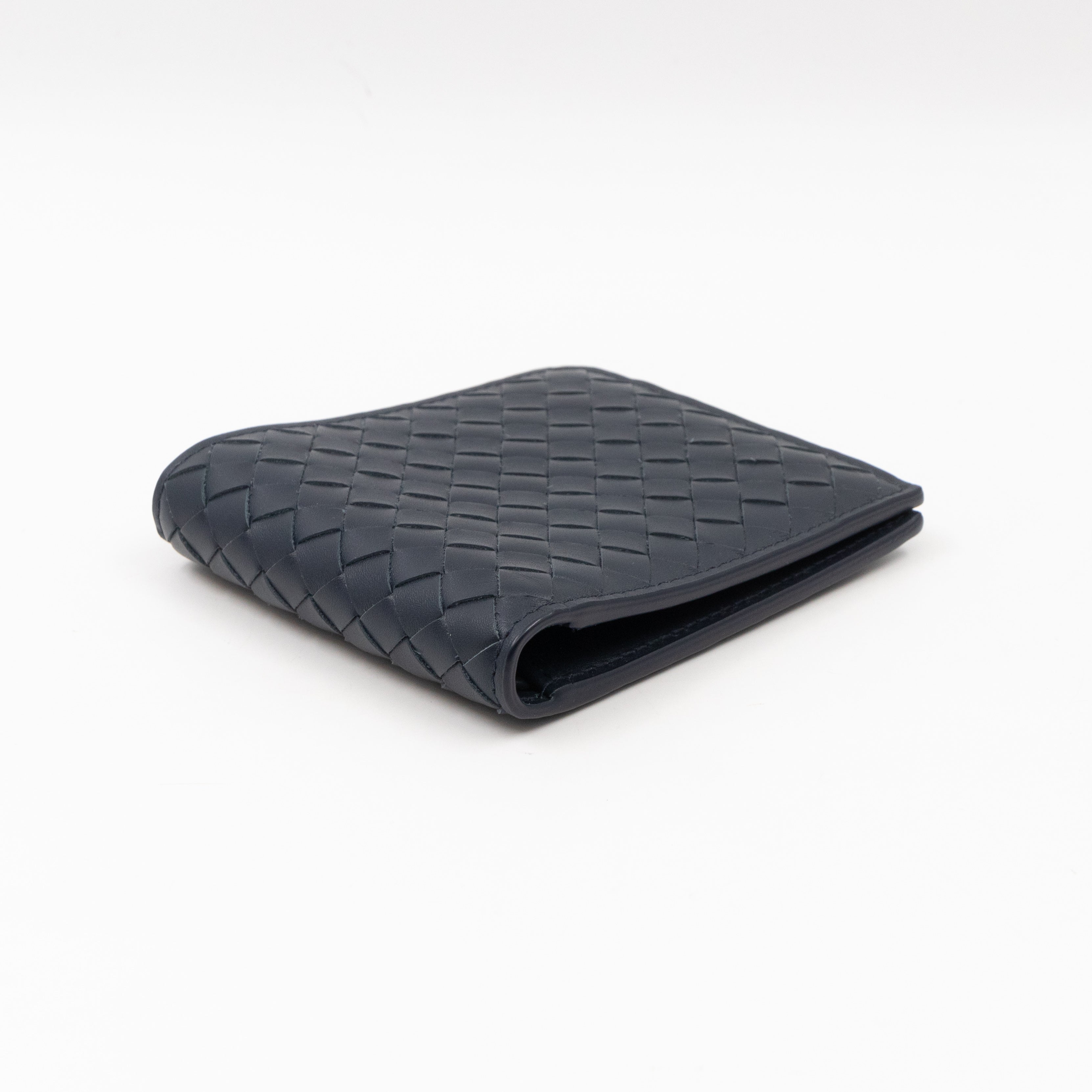 Classic Bifold Wallet Navy Blue Intrecciato Leather