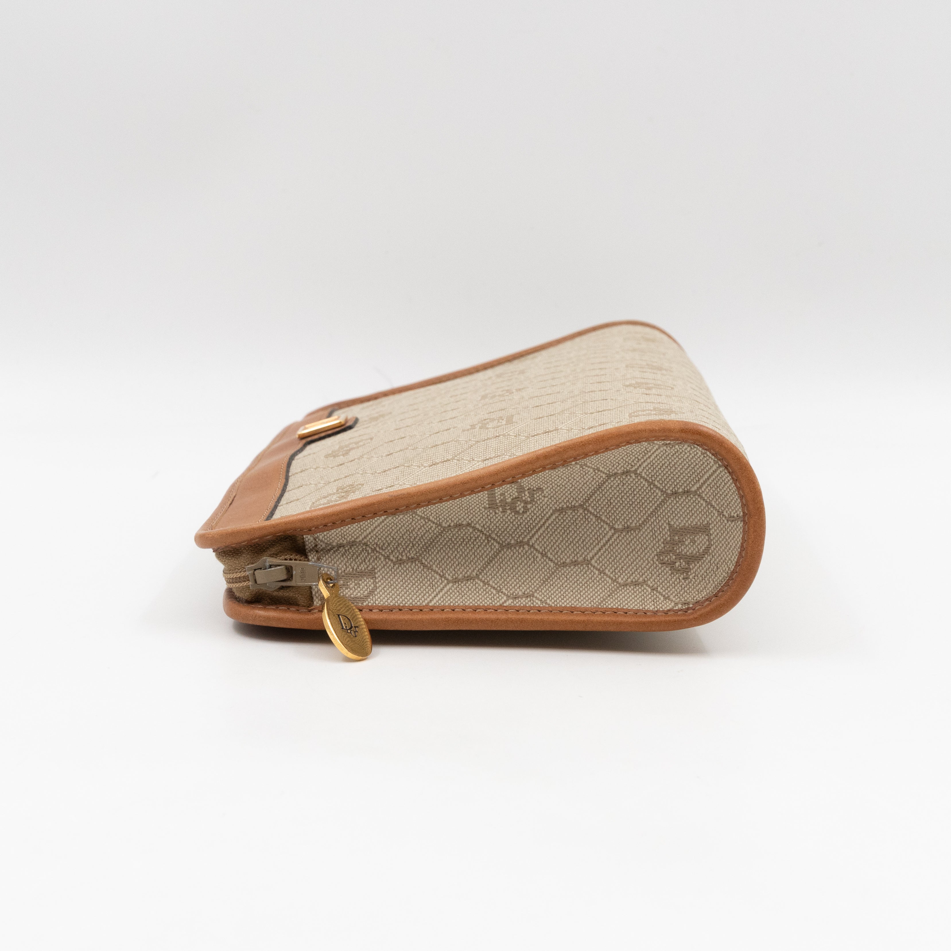 Vintage Small Cosmetic Case Honeycomb Canvas Tan Leather