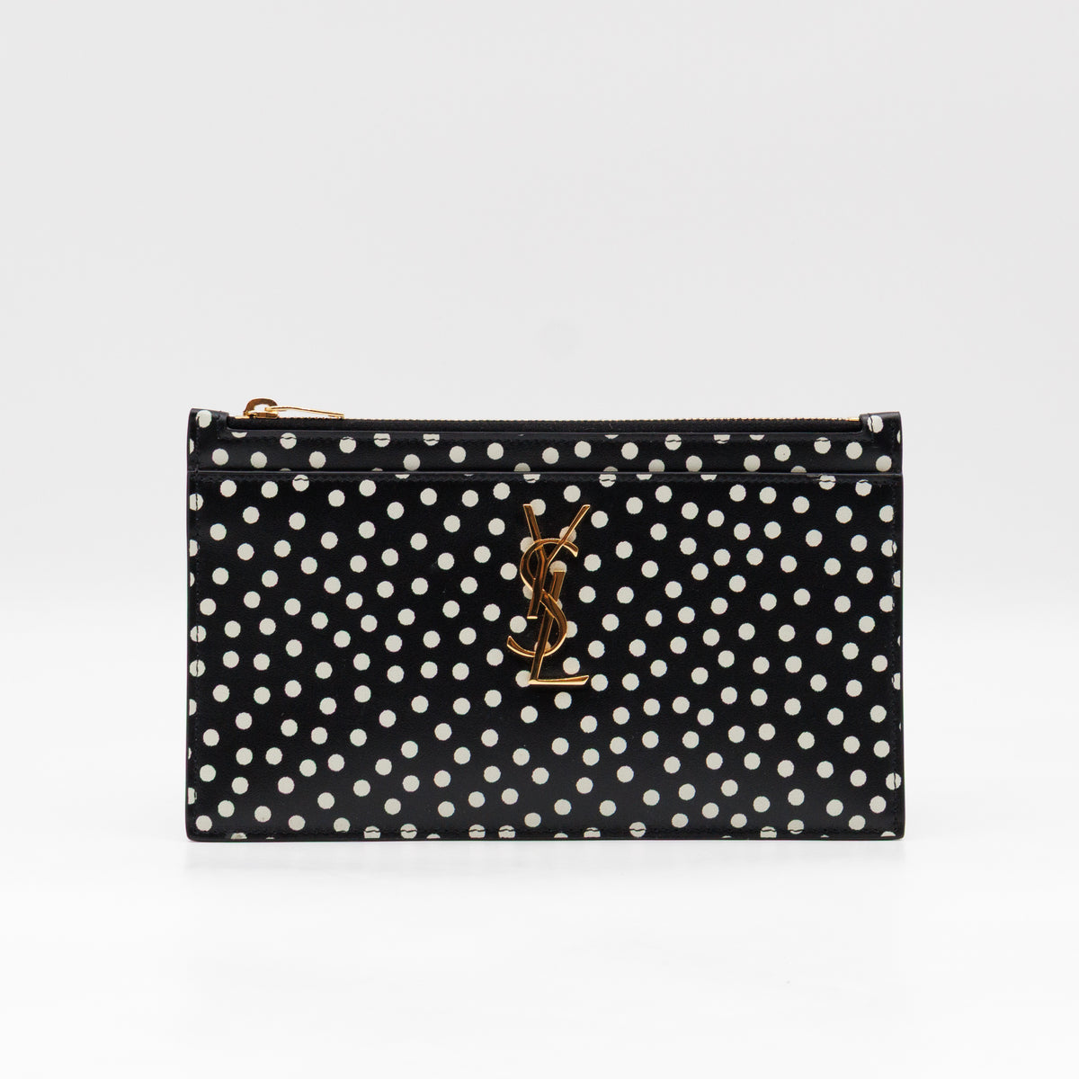 Monogram Zipped Pouch Black Leather Polka Dot