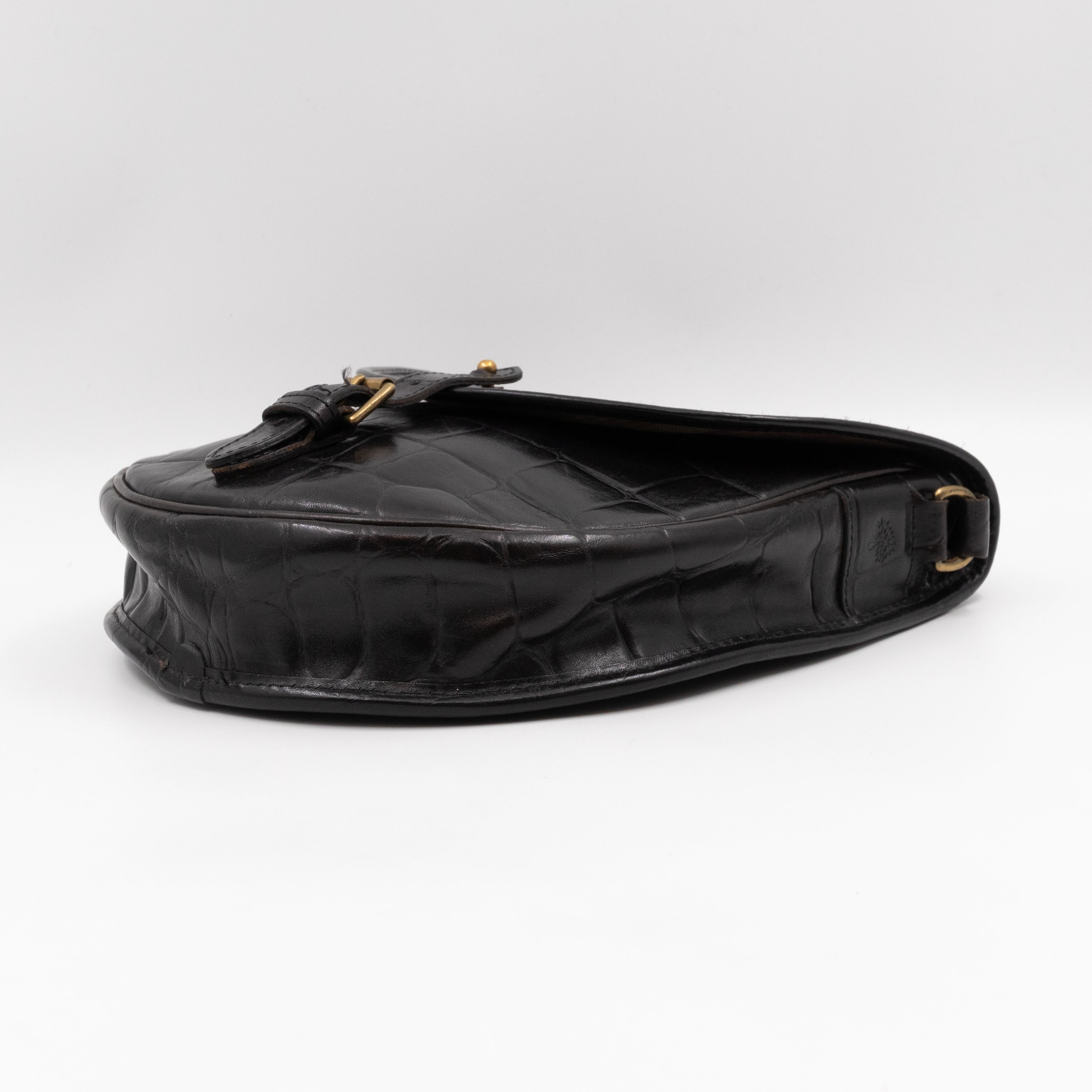 Vintage Crossbody Bag Black Croc Embossed Leather
