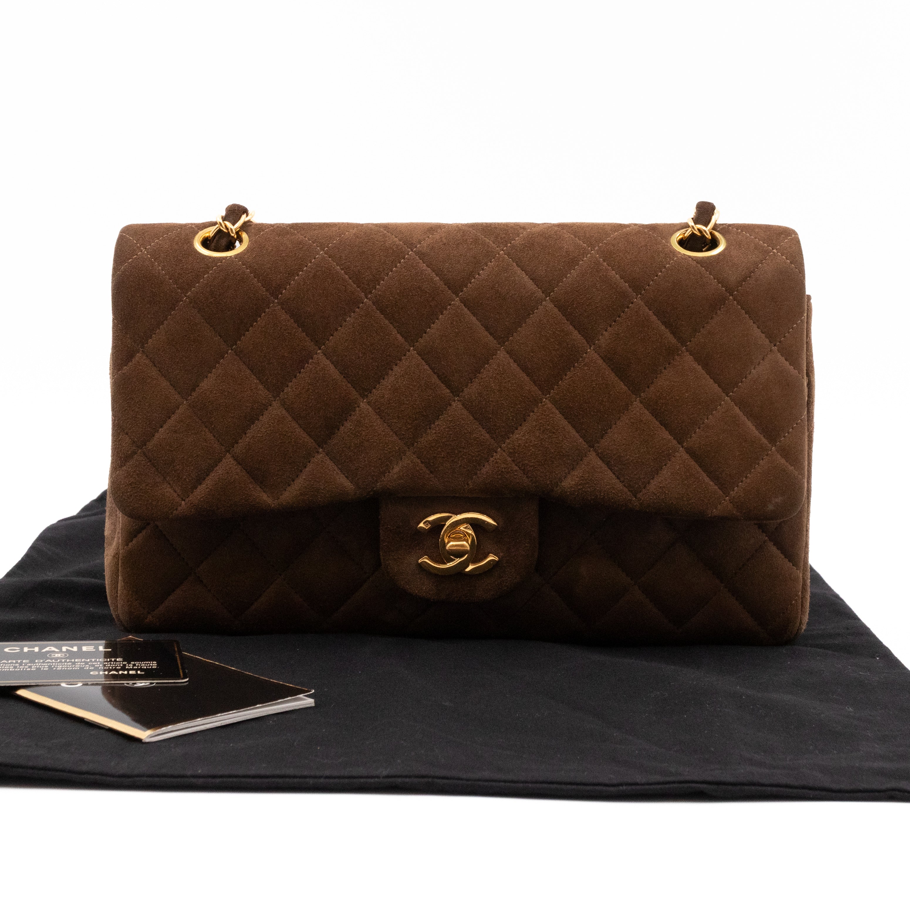 Classic Double Flap Bag Medium Brown Suede Leather Gold