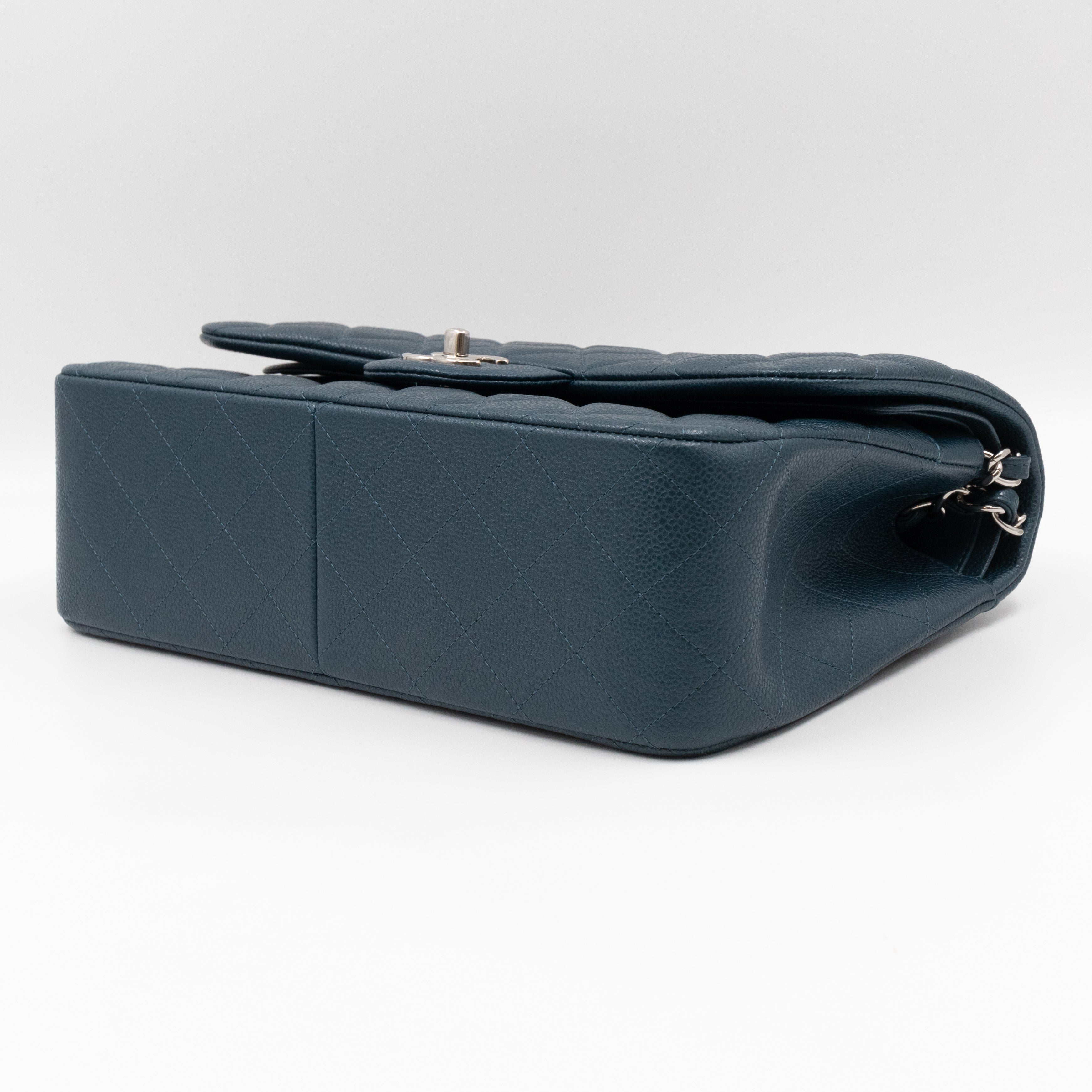 Classic Double Flap Jumbo Blue Caviar Silver