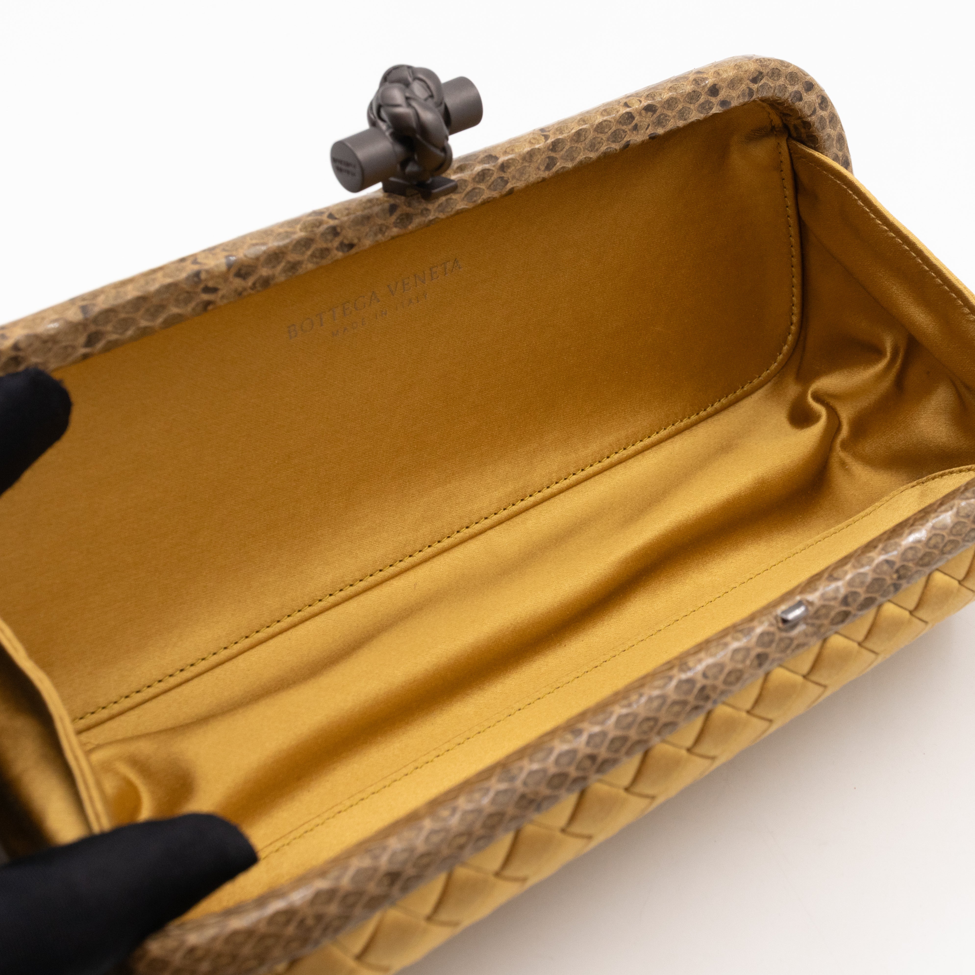 Knot Clutch Long Gold Satin Intrecciato Python Edge