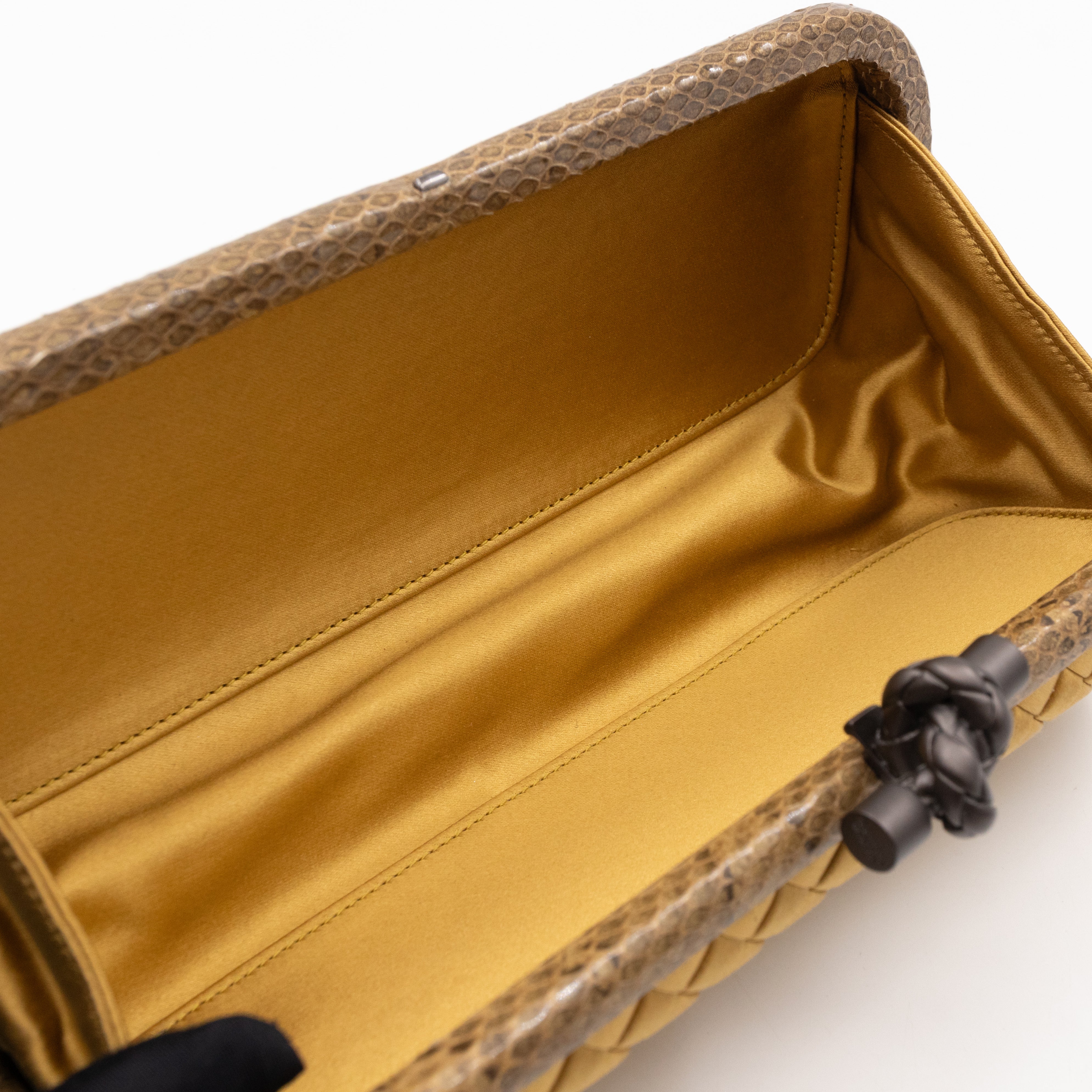 Knot Clutch Long Gold Satin Intrecciato Python Edge