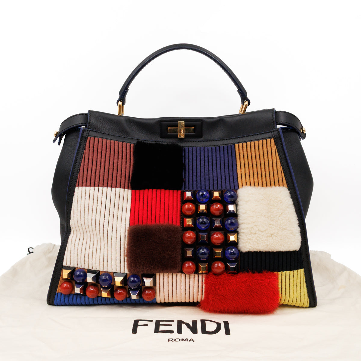 Peekaboo Large Intarsio Mix Grande Studded Fur Black Leather