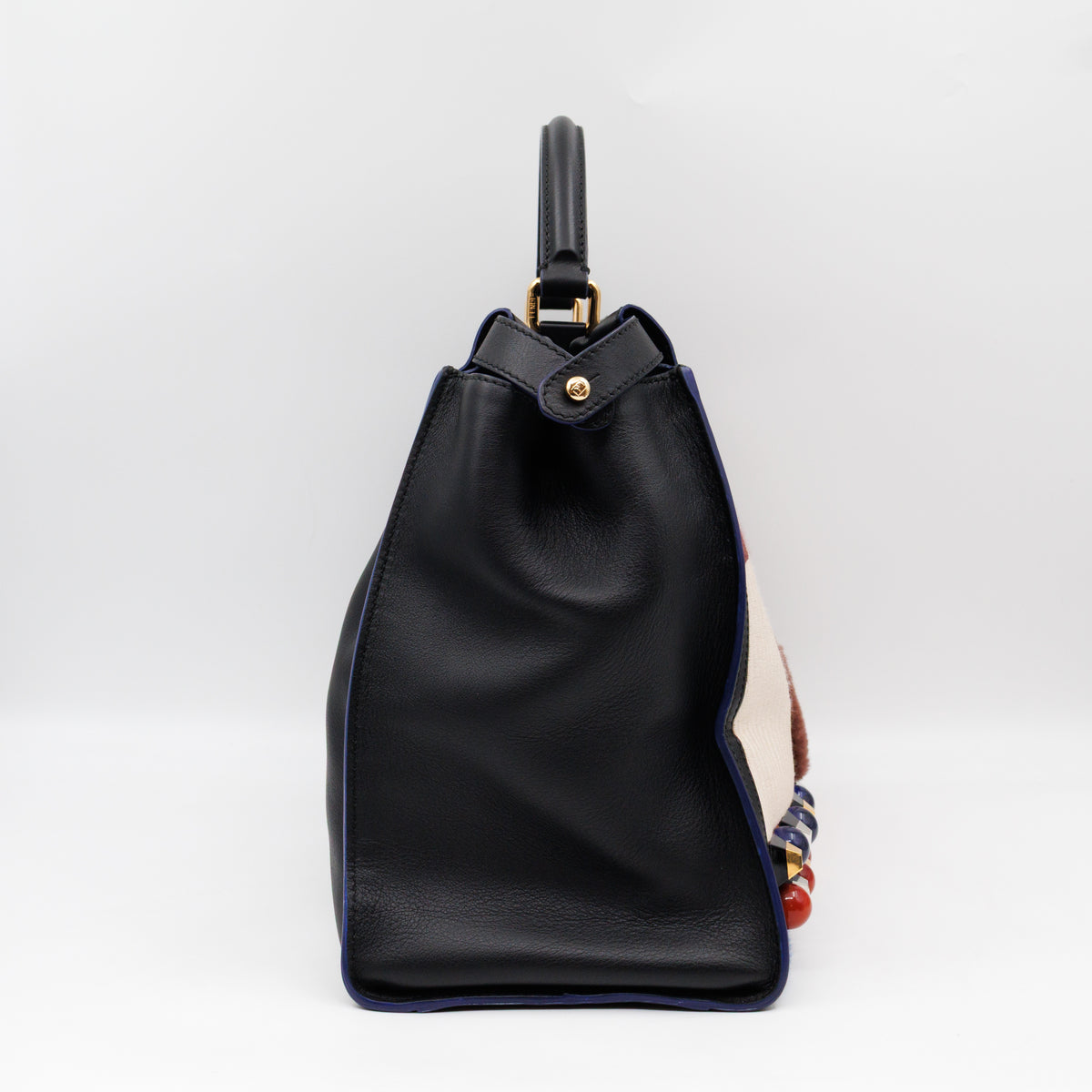Peekaboo Large Intarsio Mix Grande Studded Fur Black Leather