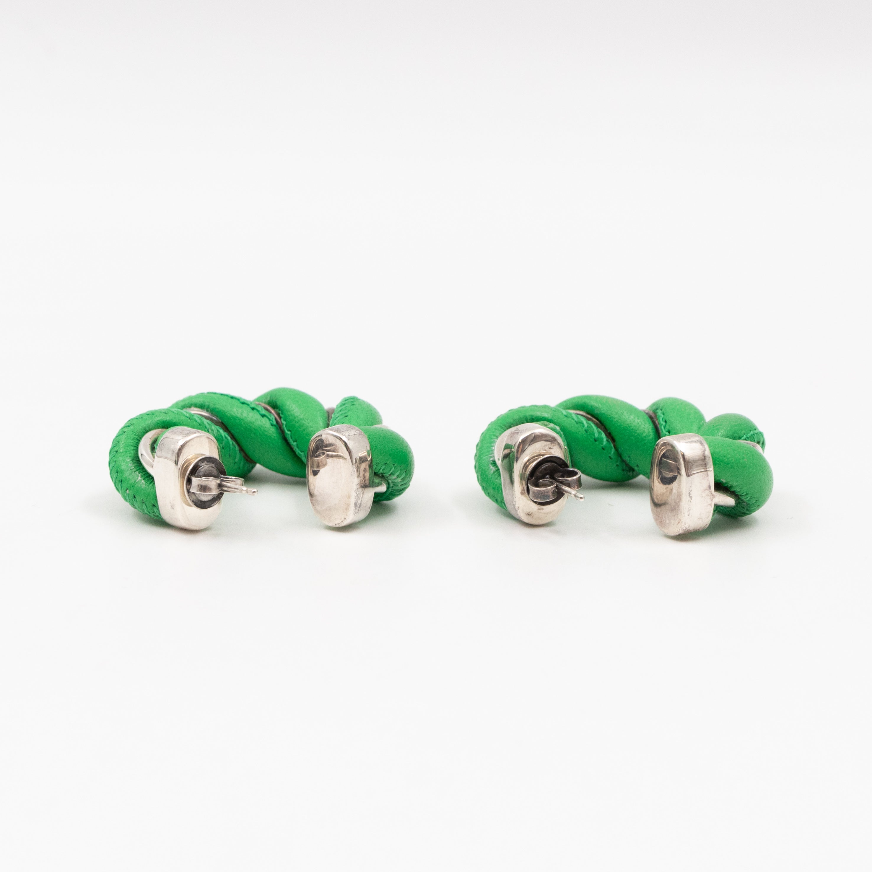 Twist Earrings Green Leather Silver