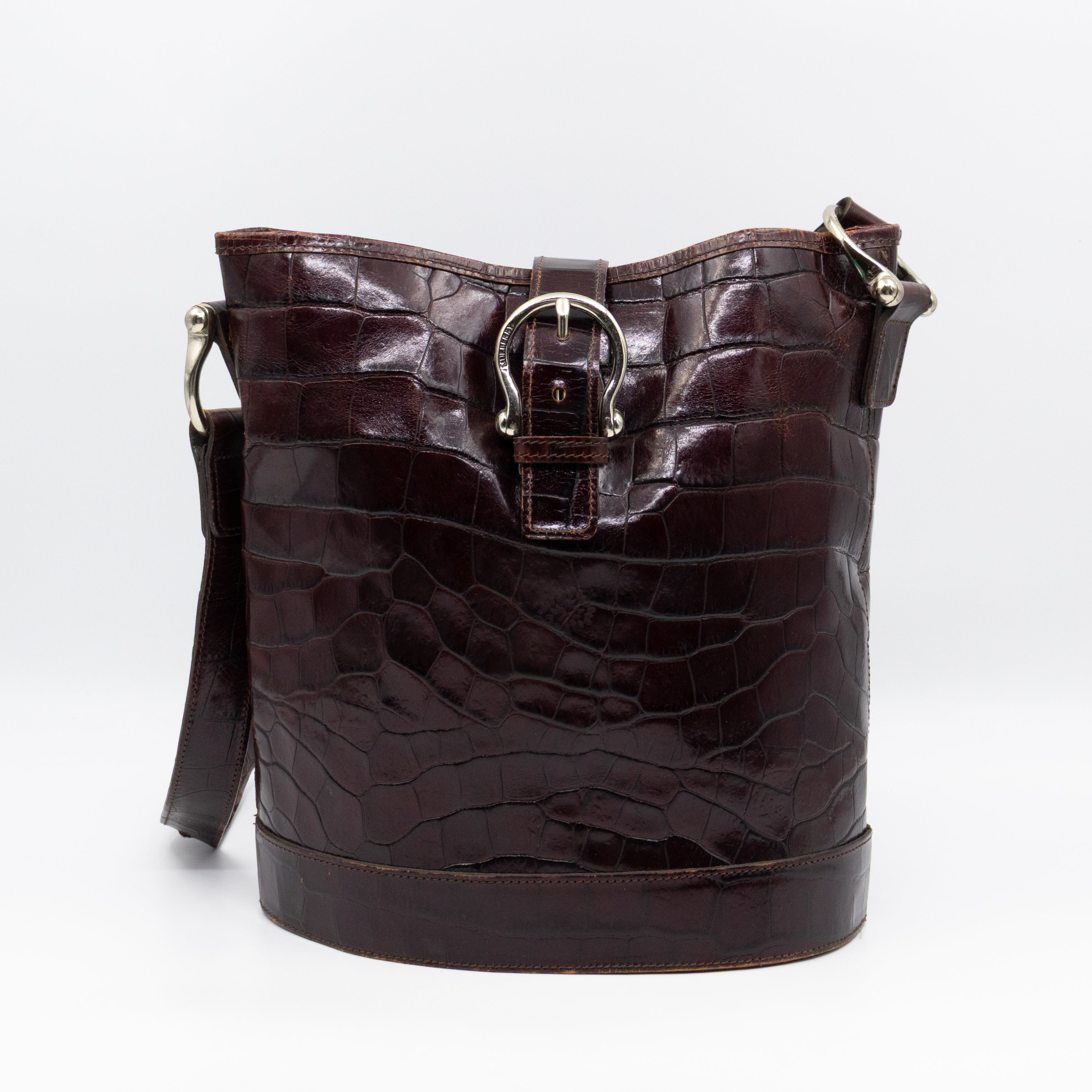 Bucket Crossbody Bag Burgundy Croc Embossed Leather
