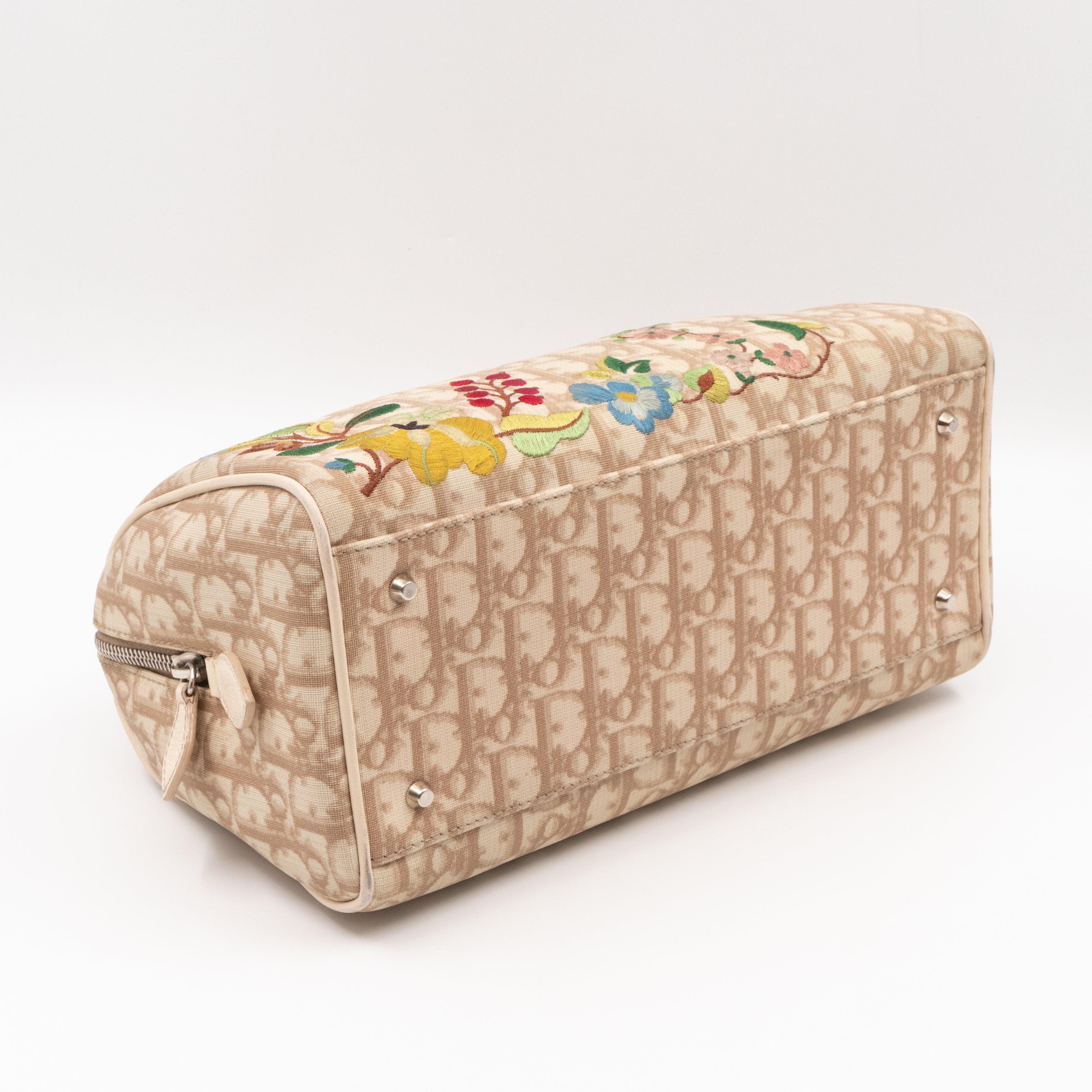 Vintage Boston Bag Beige Diorissimo Flowers Embroidered
