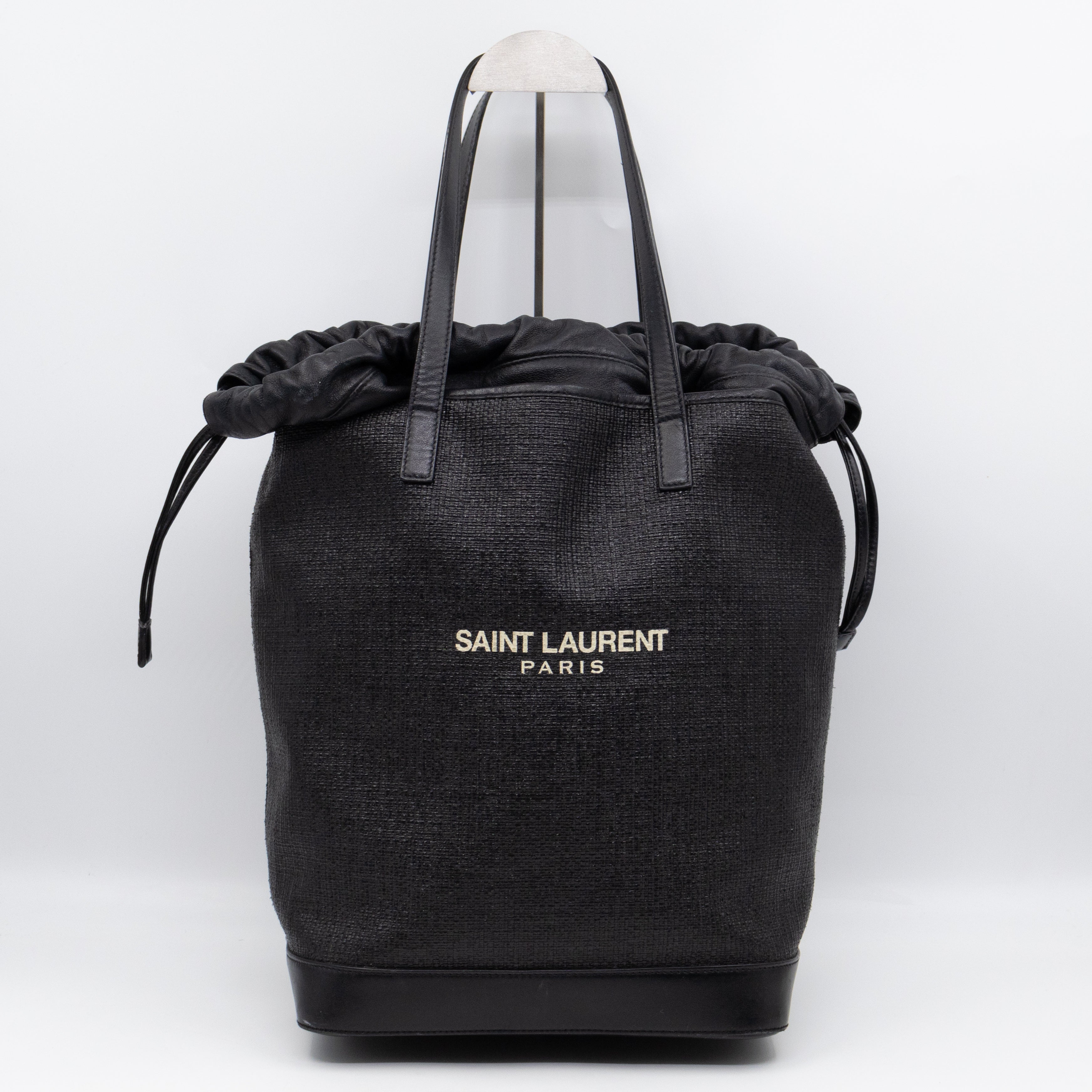 Teddy Drawstring Bucket Bag Black Raffia & Leather