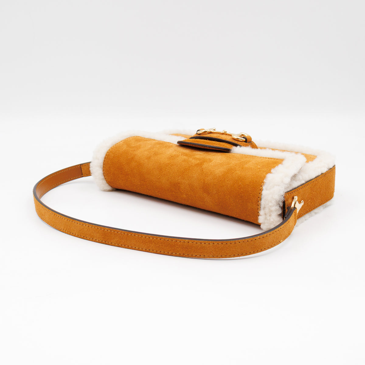 Horsebit 1955 Mini Shoulder Bag Camel Suede Leather Shearling