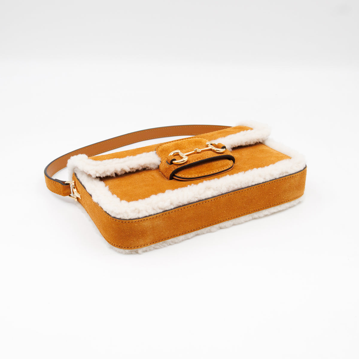 Horsebit 1955 Mini Shoulder Bag Camel Suede Leather Shearling