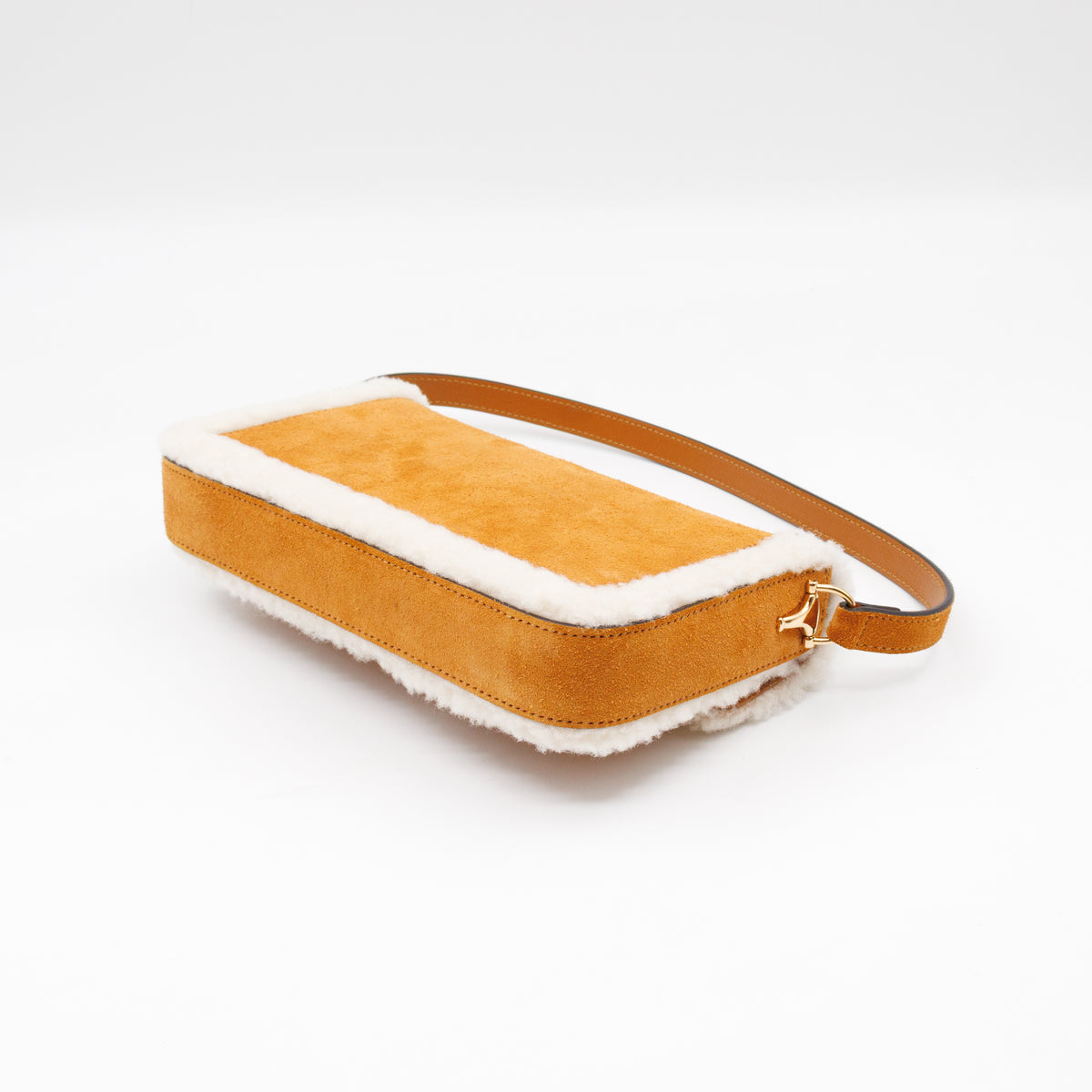 Horsebit 1955 Mini Shoulder Bag Camel Suede Leather Shearling