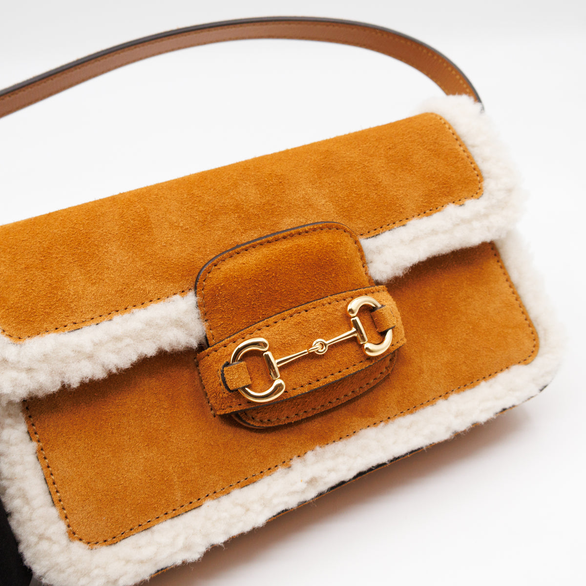 Horsebit 1955 Mini Shoulder Bag Camel Suede Leather Shearling