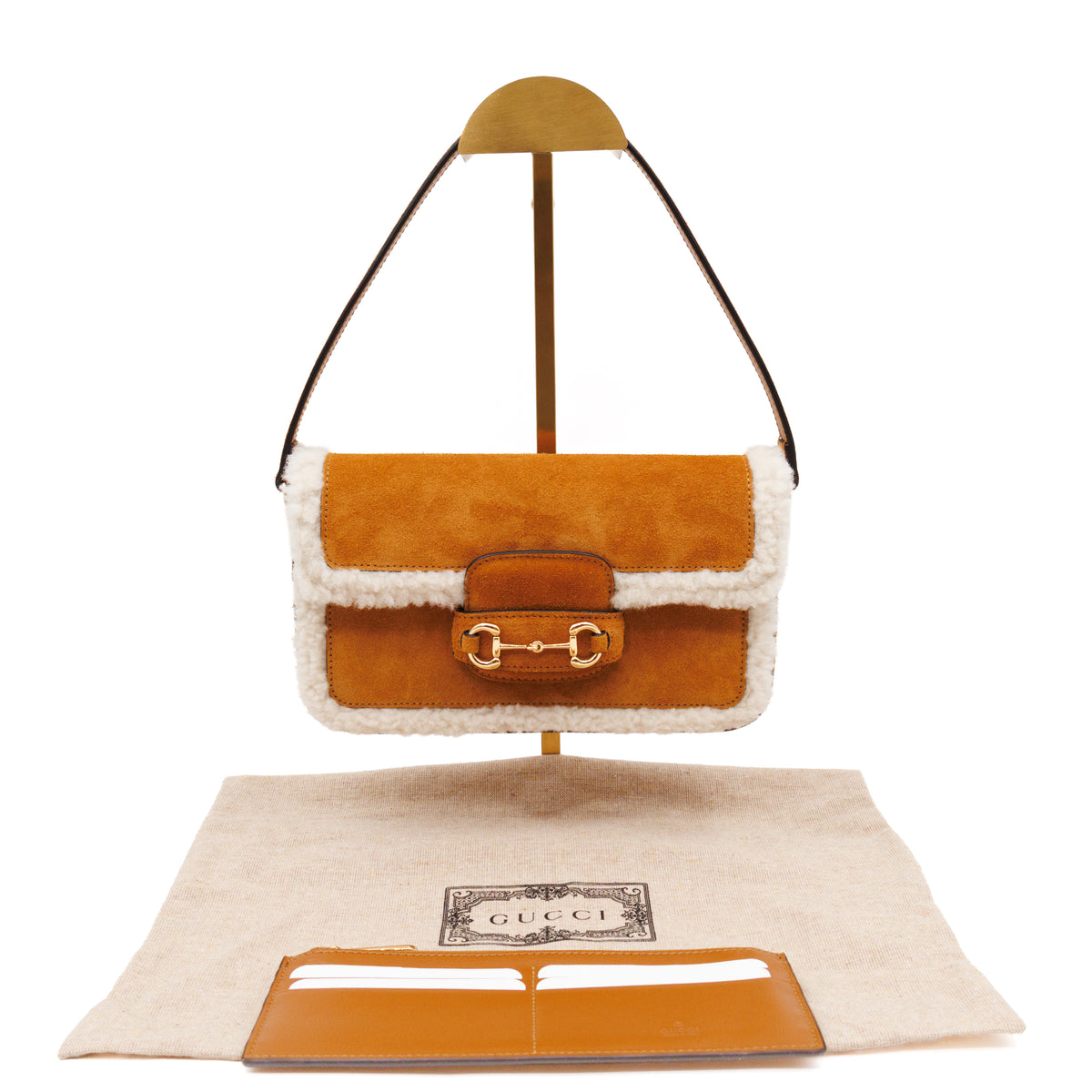 Horsebit 1955 Mini Shoulder Bag Camel Suede Leather Shearling