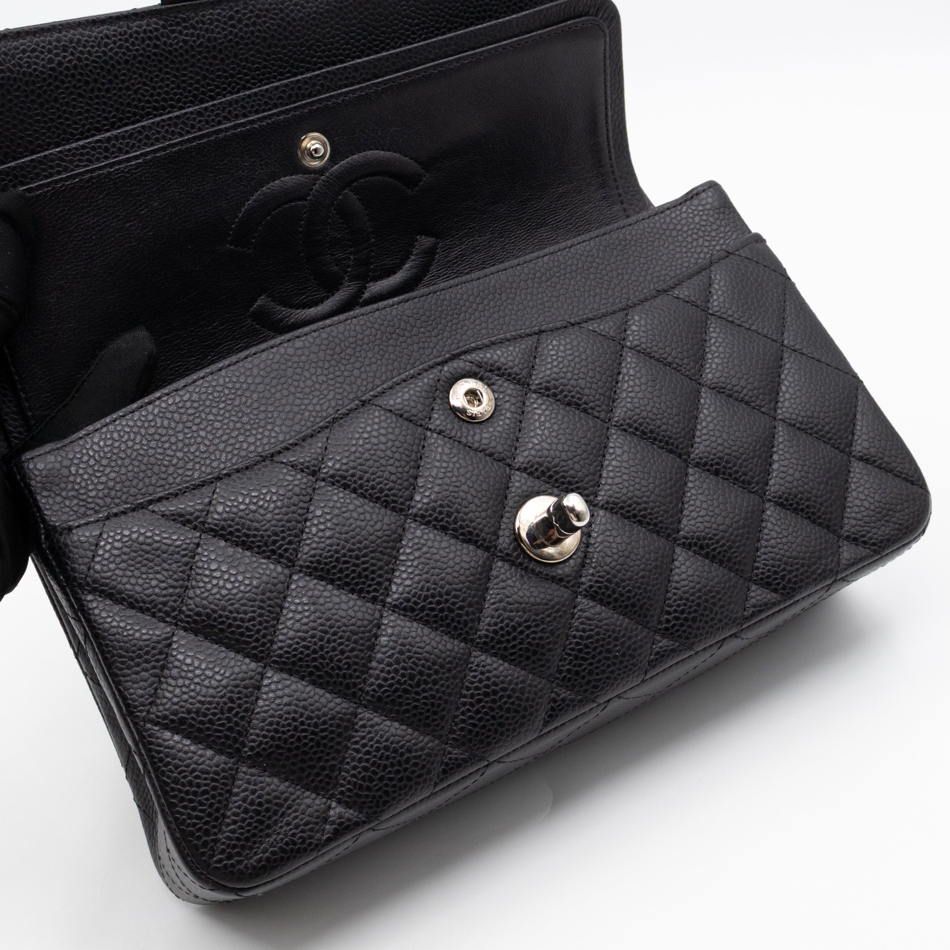 Classic Double Flap Small Black Caviarskin Silver