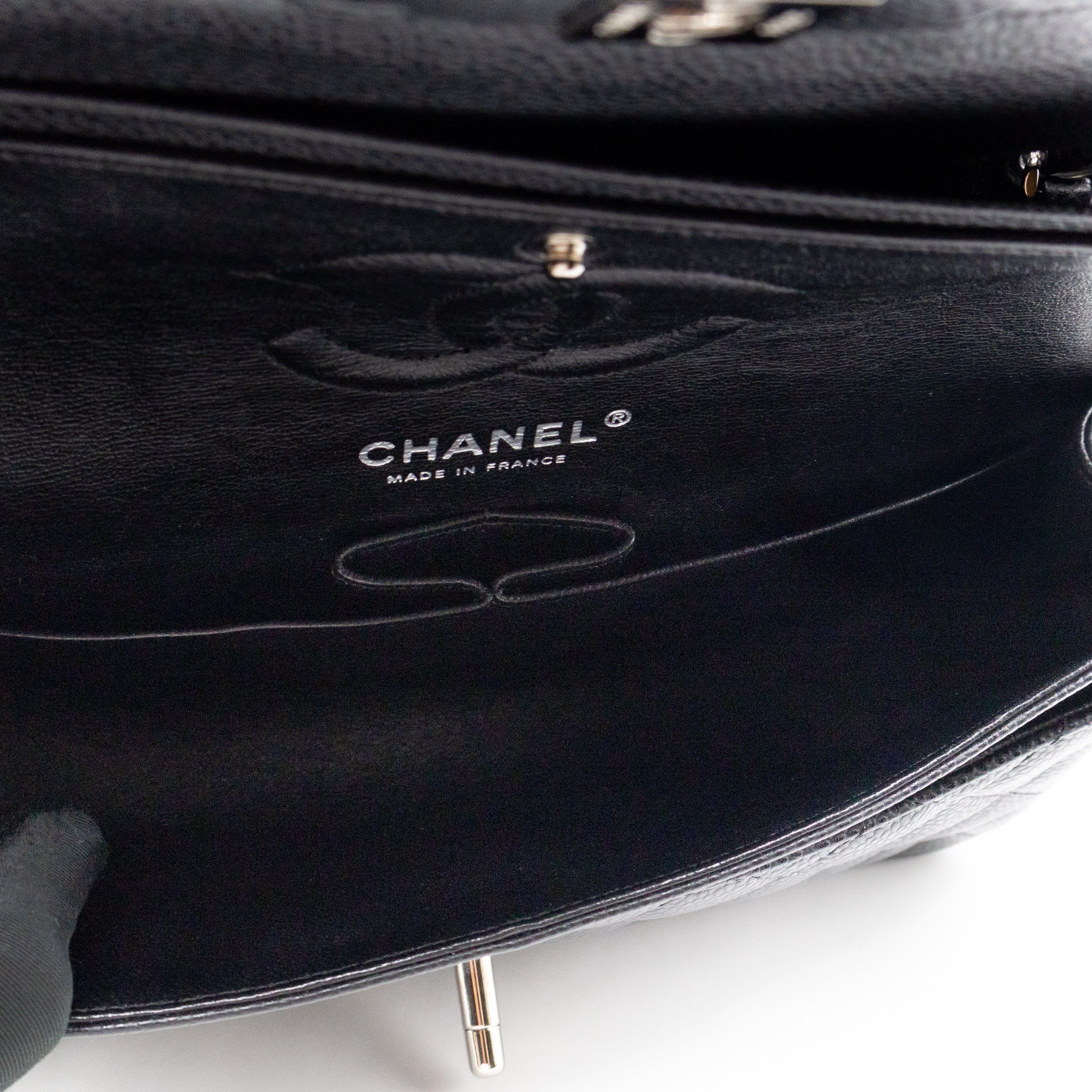 Classic Double Flap Small Black Caviarskin Silver