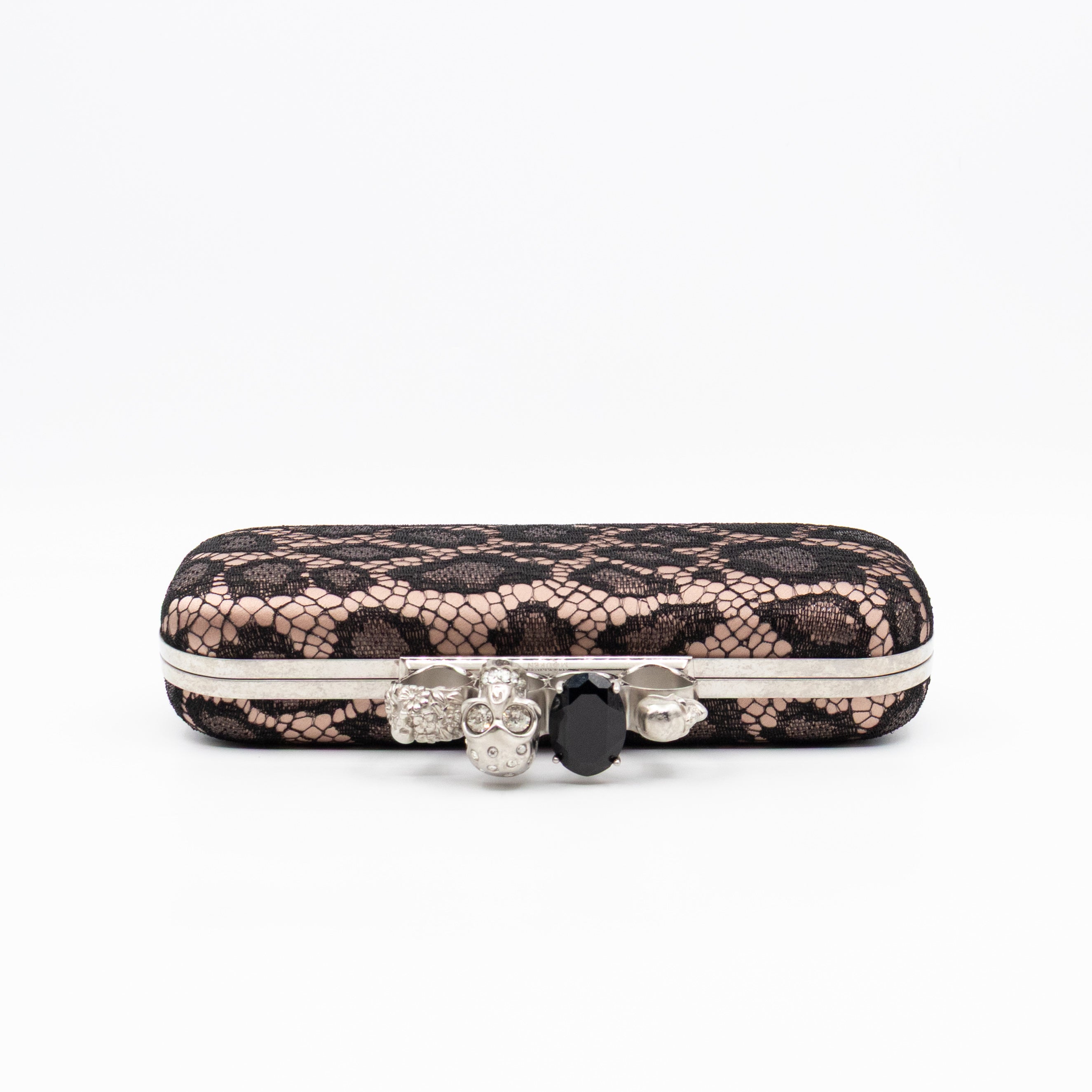 Long Skull Knuckle Clutch Leopard Lace Pink