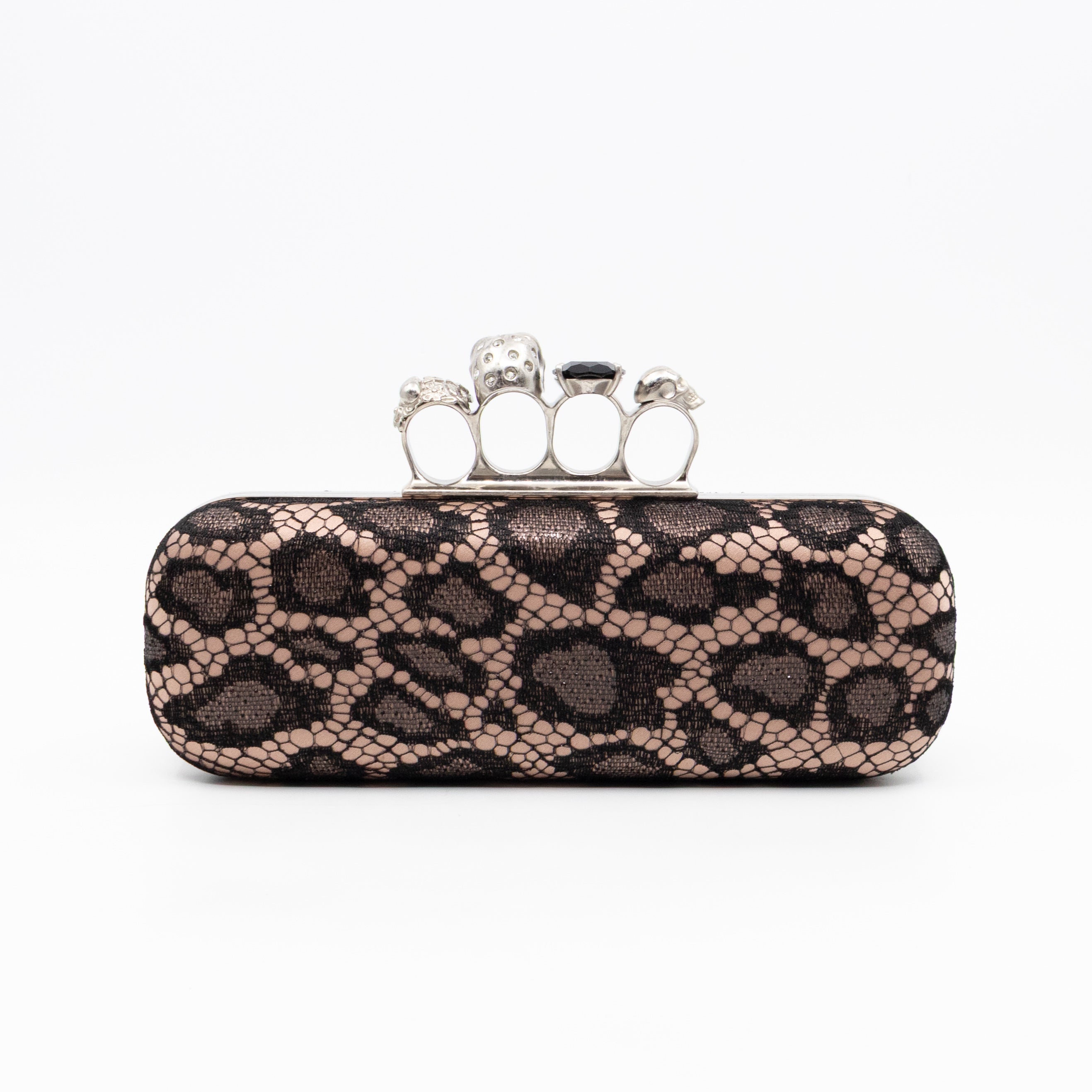 Long Skull Knuckle Clutch Leopard Lace Pink