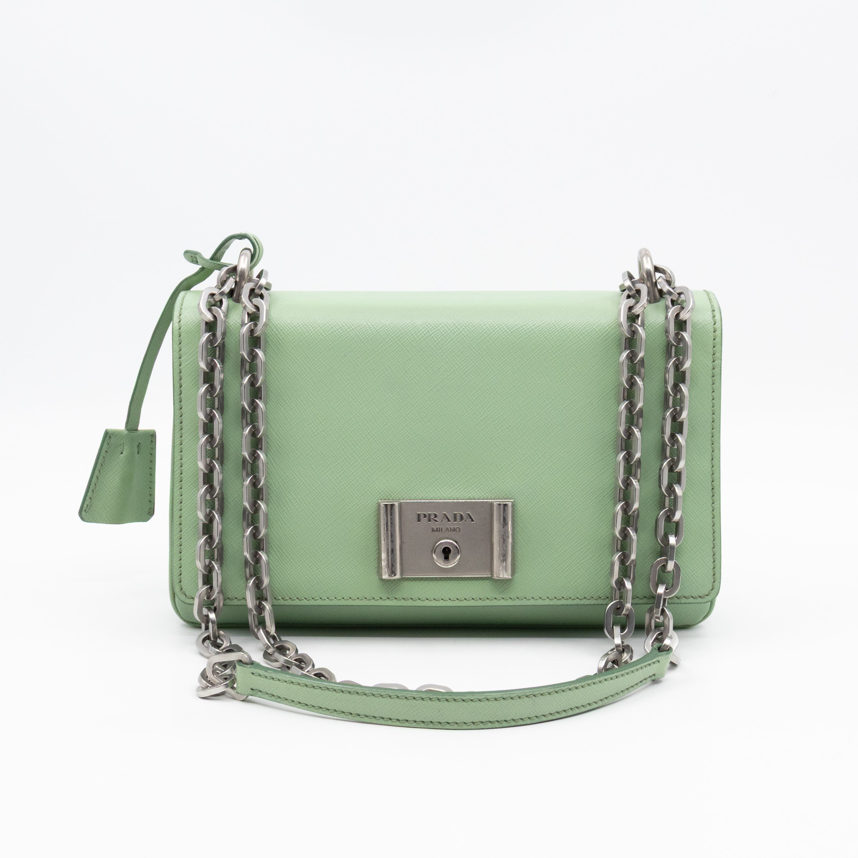 Chain Lock Flap Shoulder Bag Green Saffiano Leather