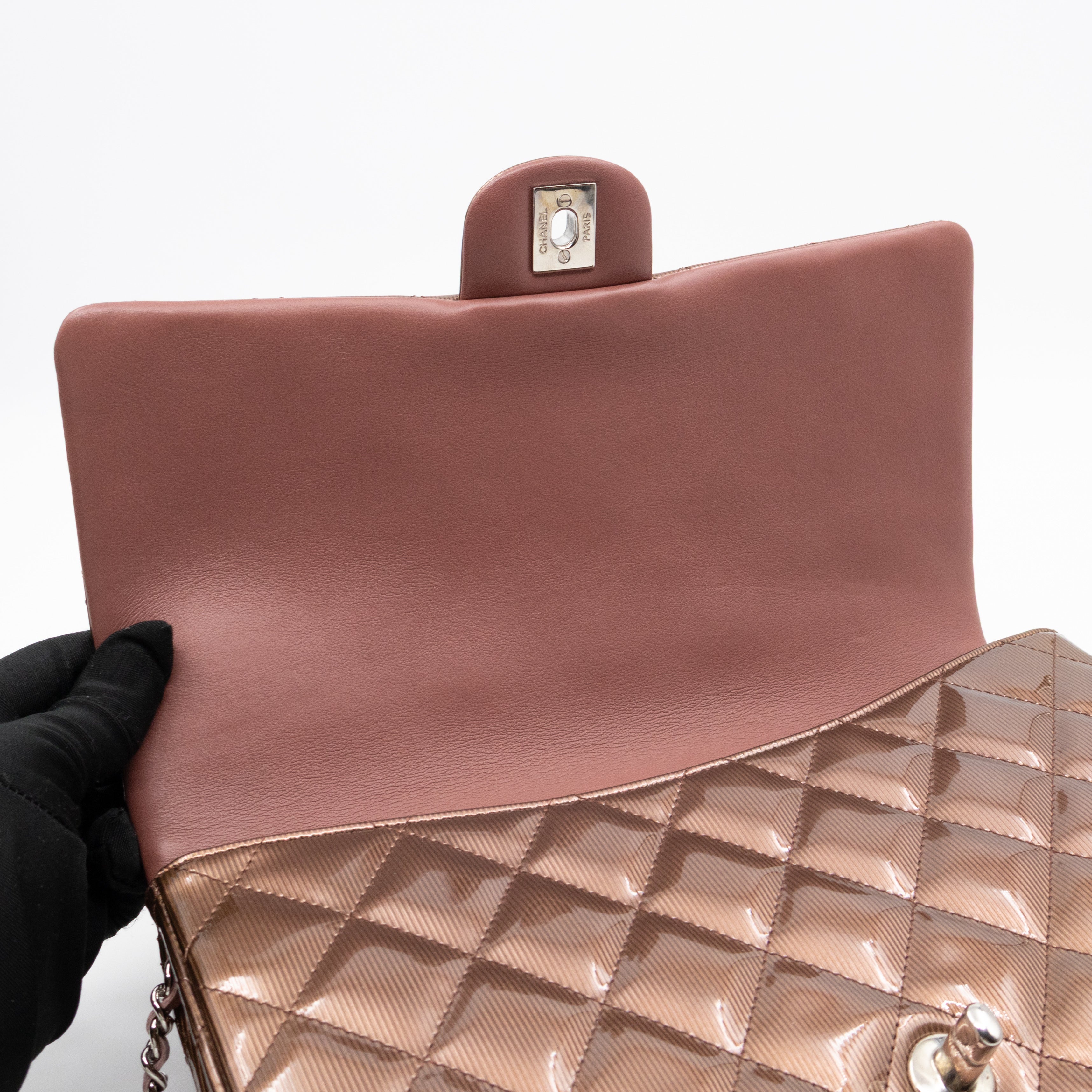 Timeless Clutch with Chain Bronze Striated Patent Leather