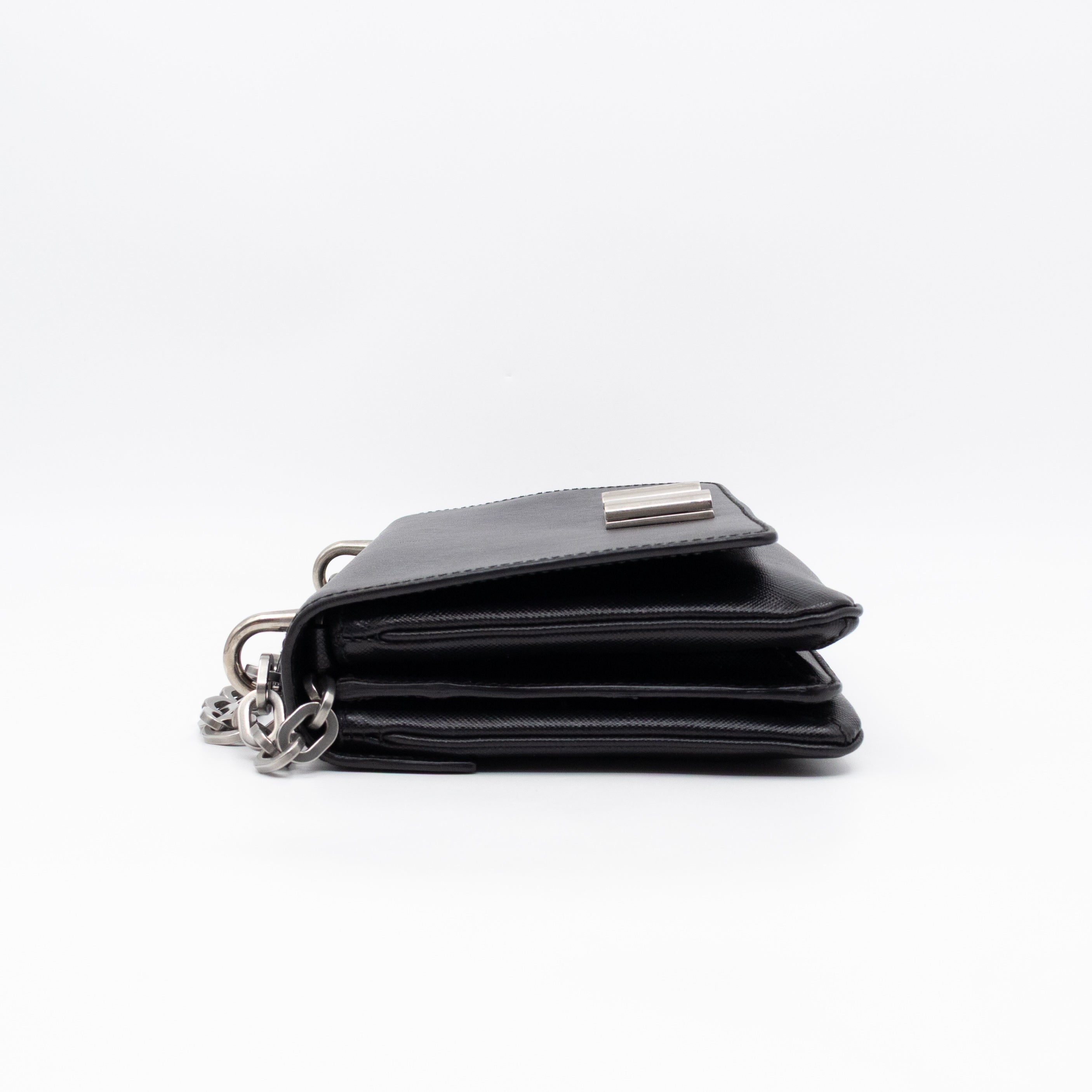 Chain Lock Flap Shoulder Bag Black Saffiano Leather