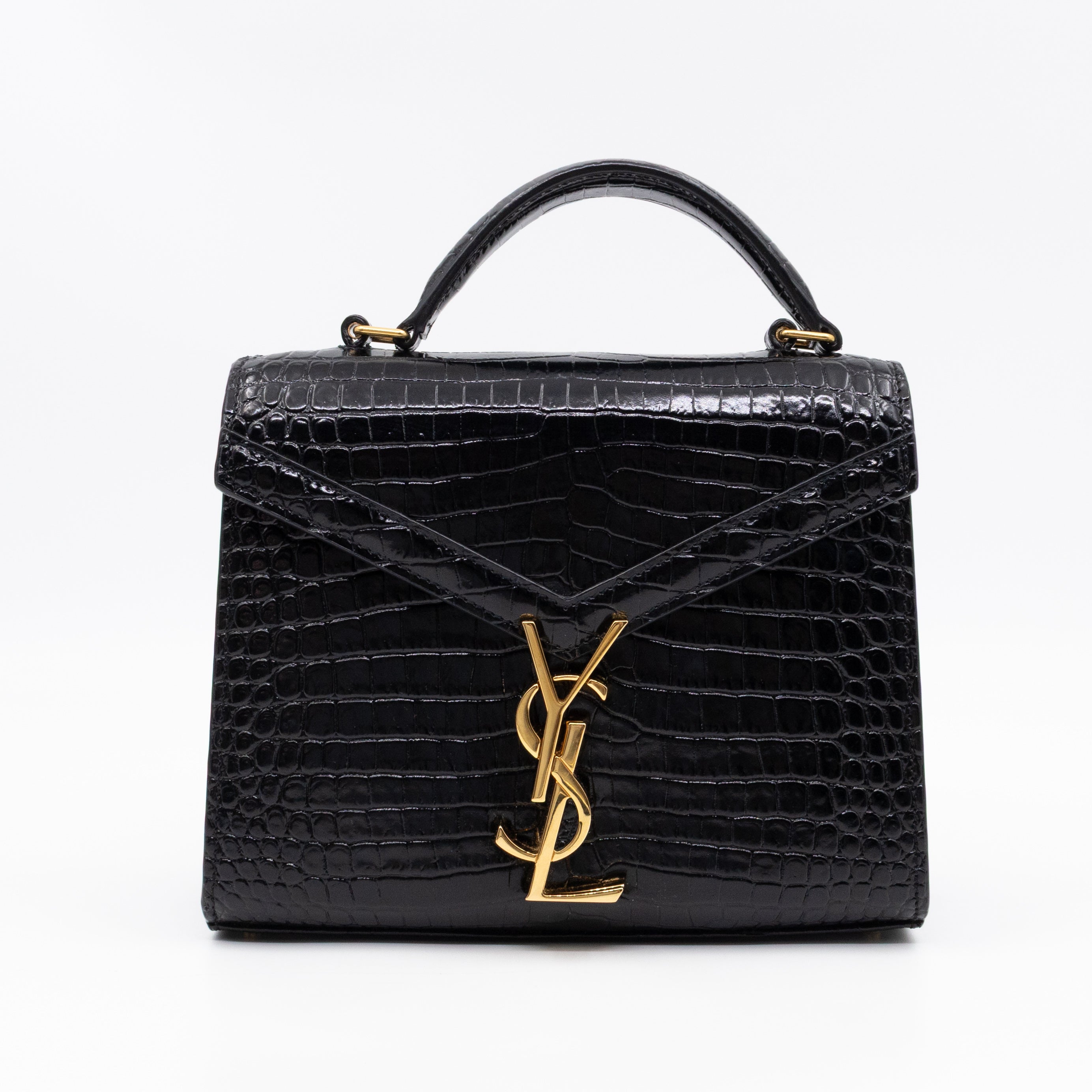Cassandra Mini Top Handle Black Croc Embossed Leather