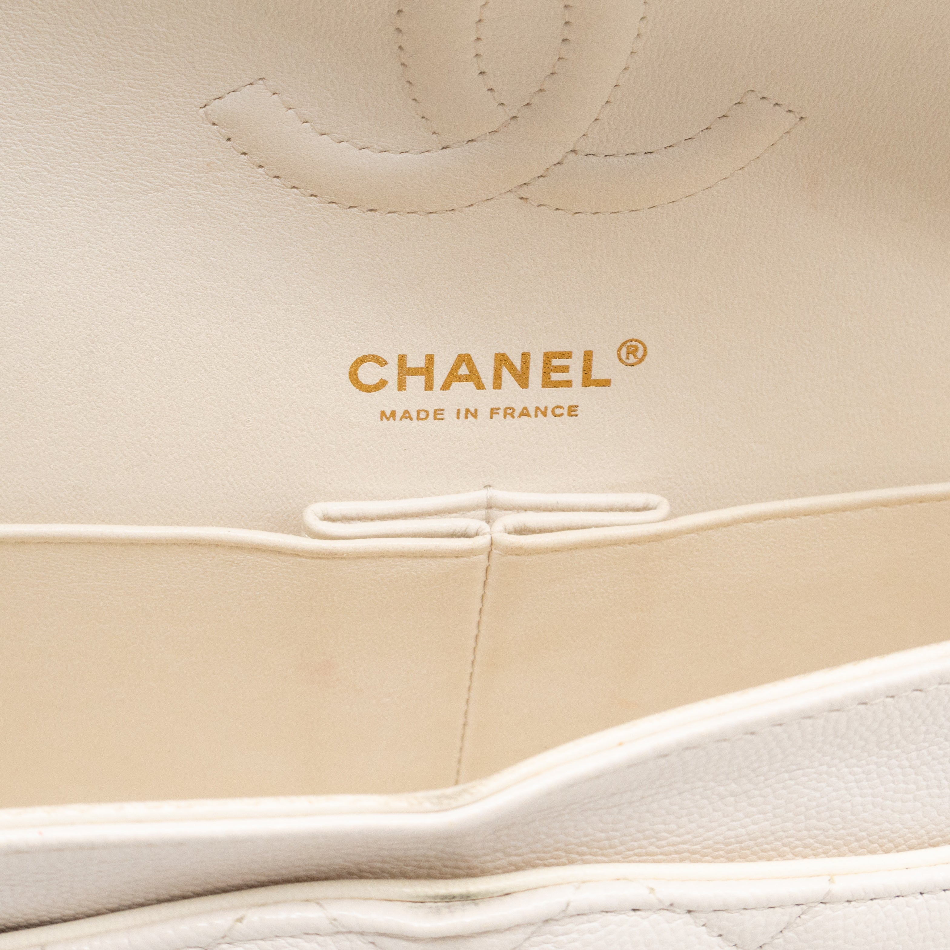 Classic Double Flap Medium White Caviar Leather Gold