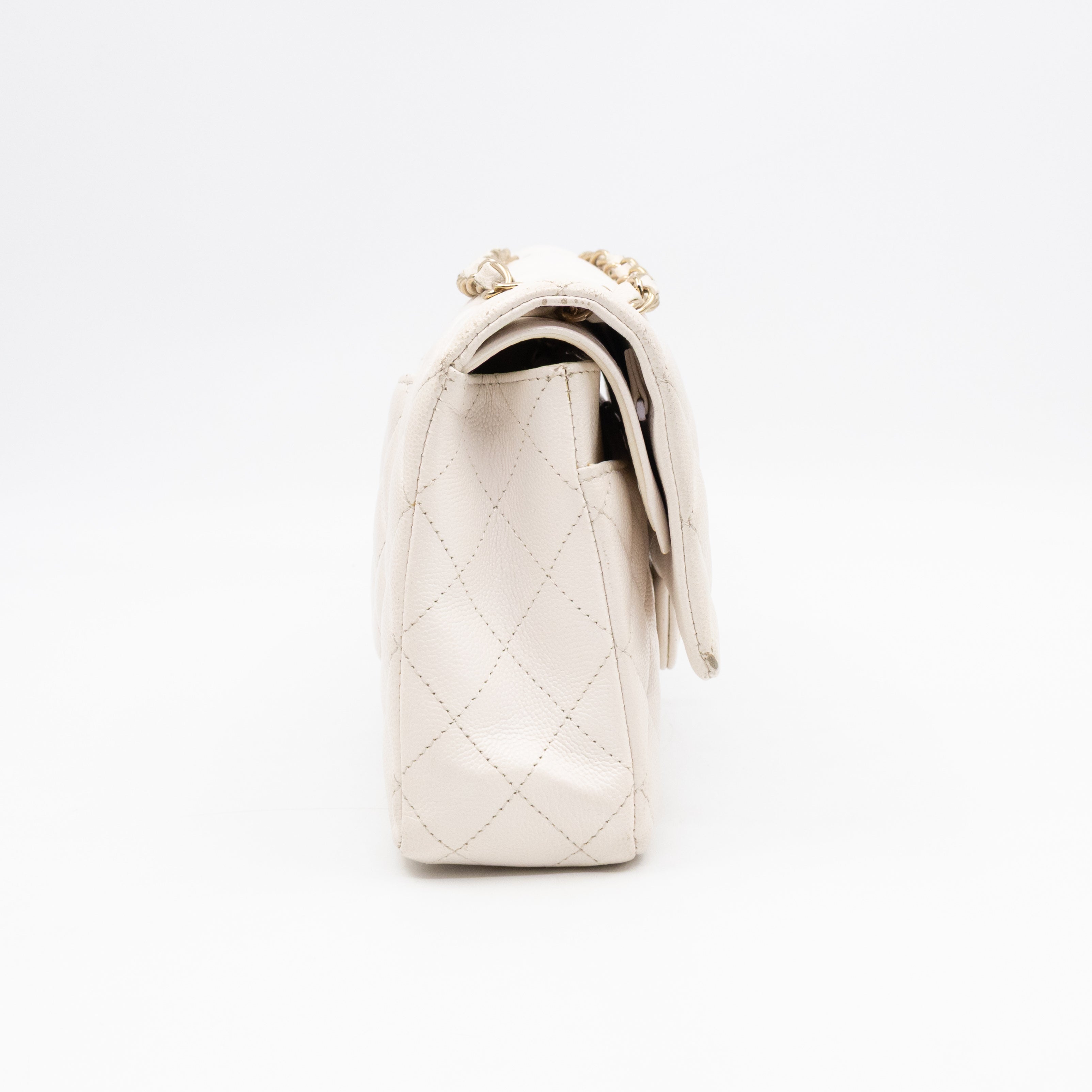 Classic Double Flap Medium White Caviar Leather Gold