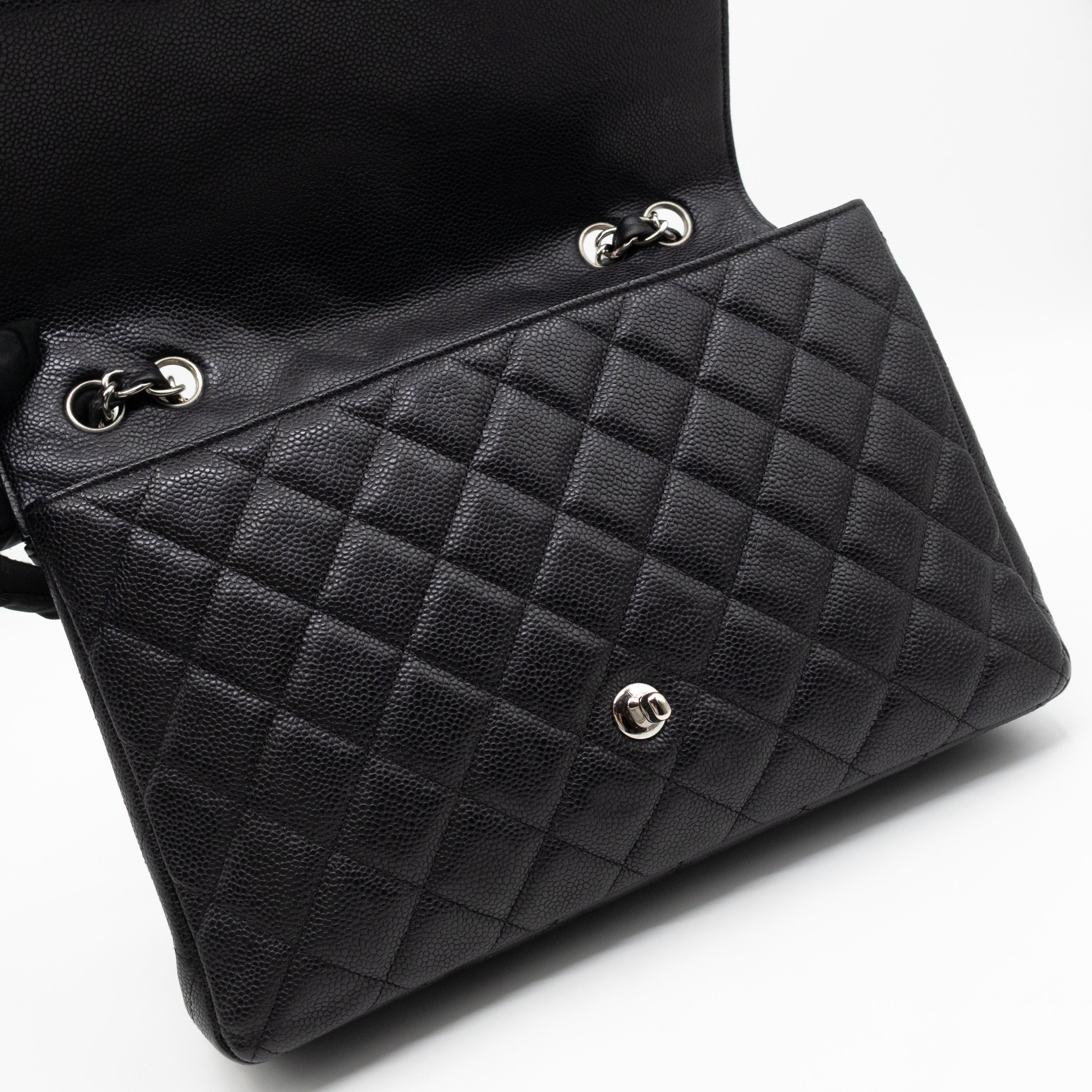 Classic Single Flap Jumbo Black Caviarskin Leather Silver