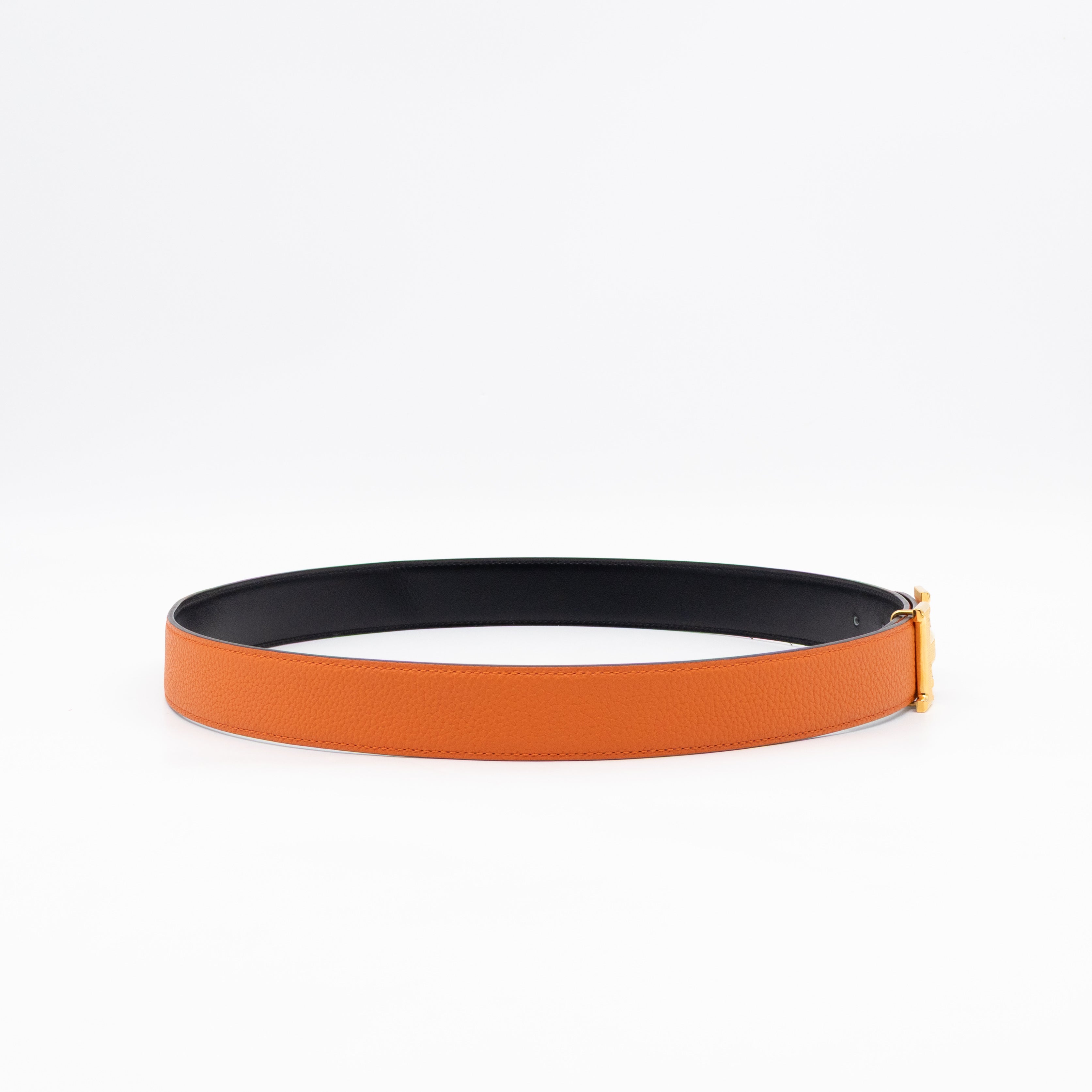 H Guillochee Belt Buckle & Reversible Orange & Noir Leather Belt 85 cm