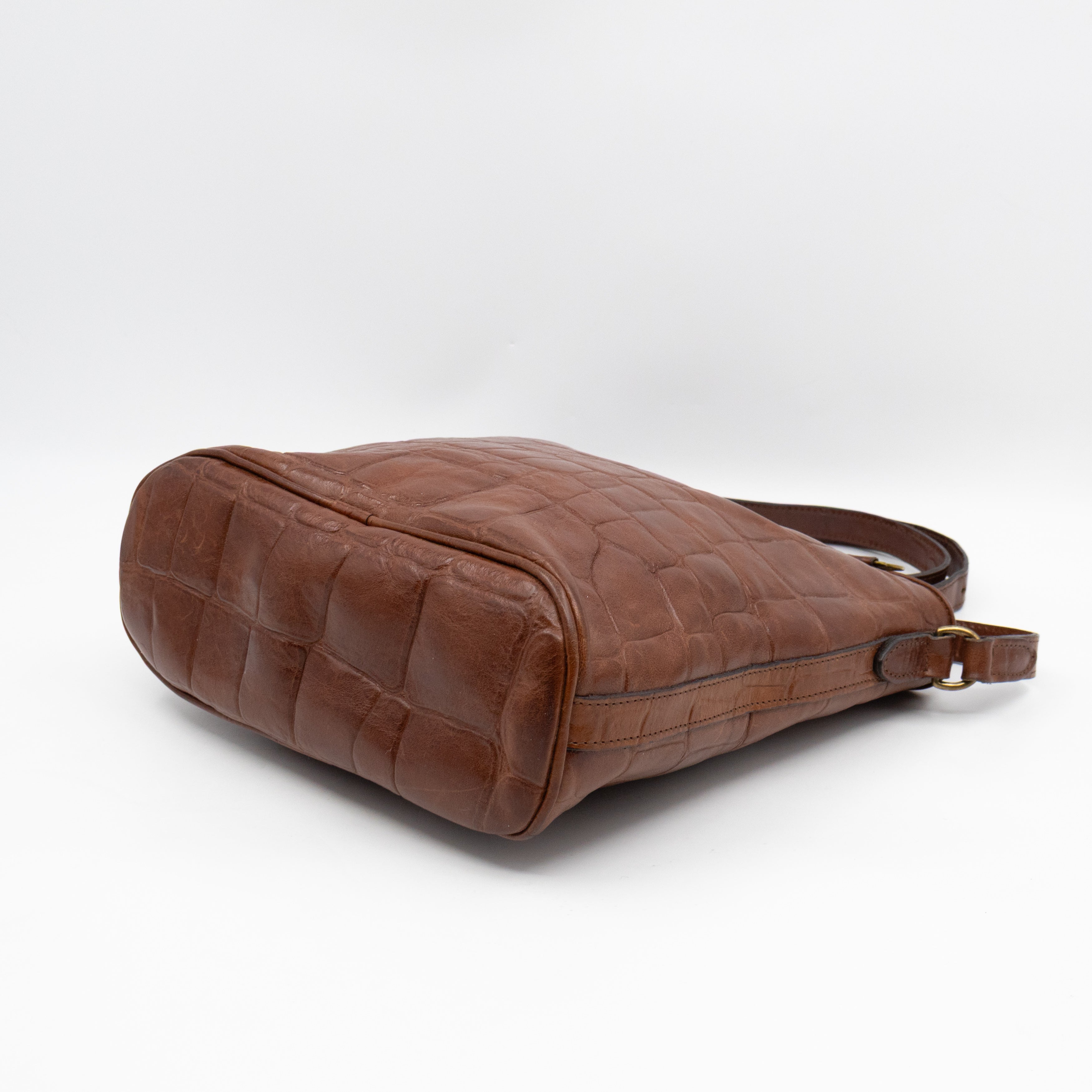 Vintage Bucket Bag Brown Croc Embossed Leather