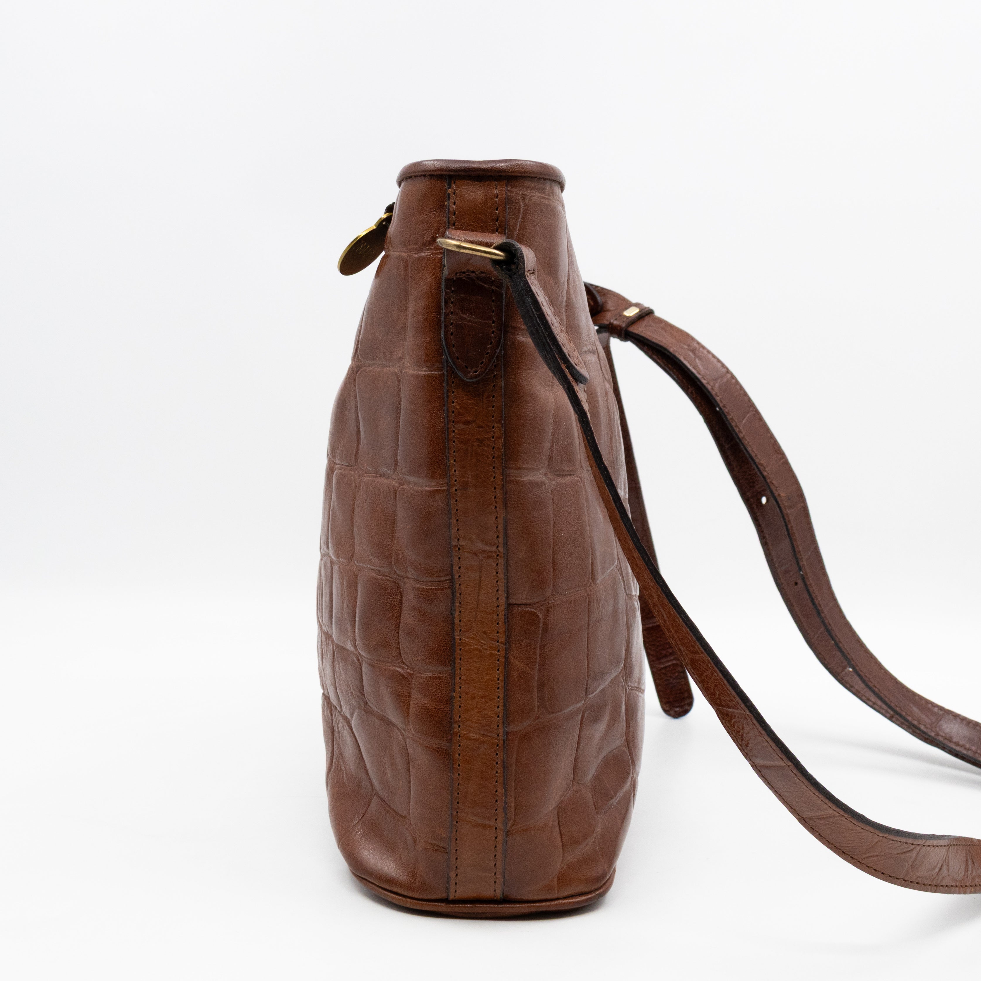 Vintage Bucket Bag Brown Croc Embossed Leather