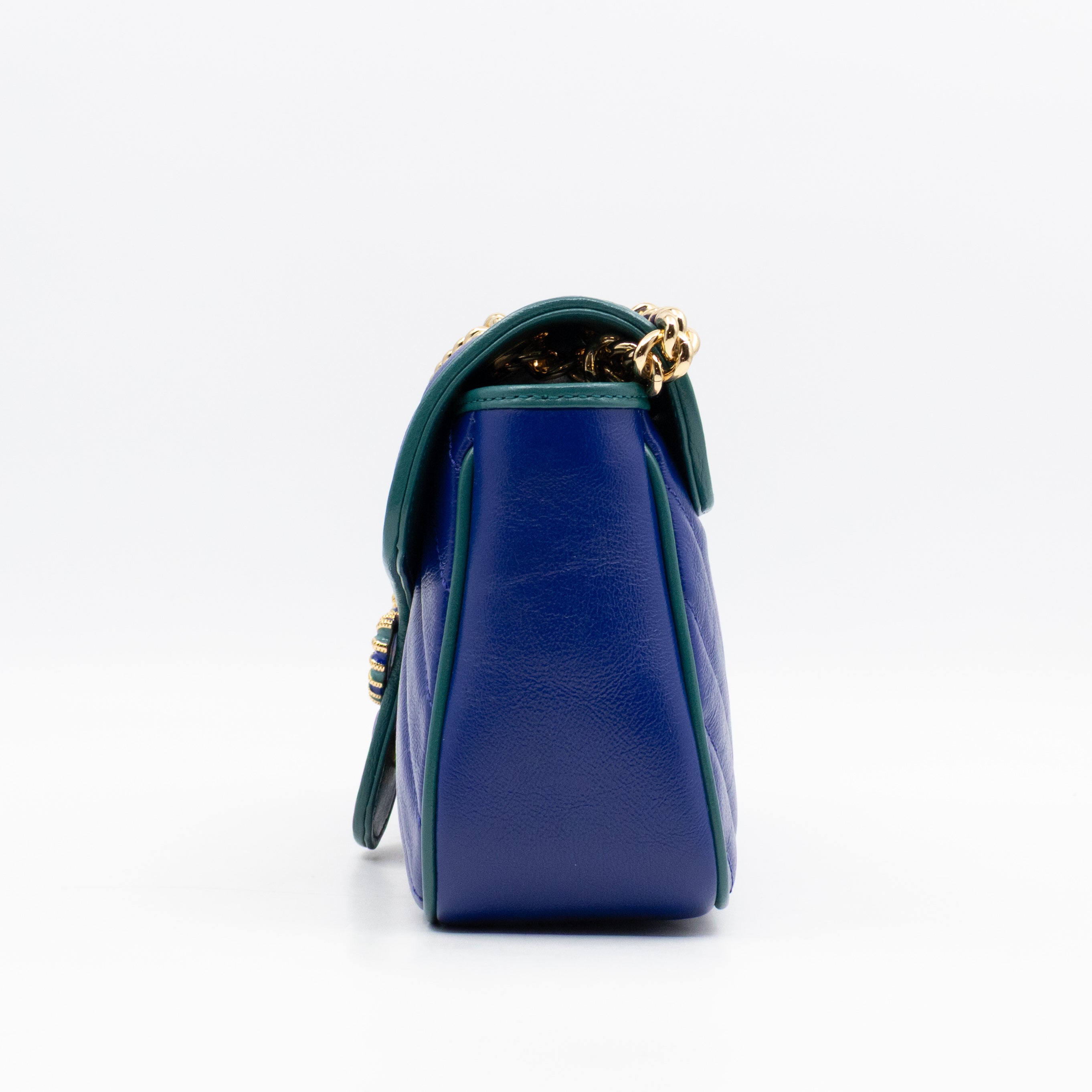 Torchon GG Marmont Medium Flap Bag Blue Diagonal Chevron Leather