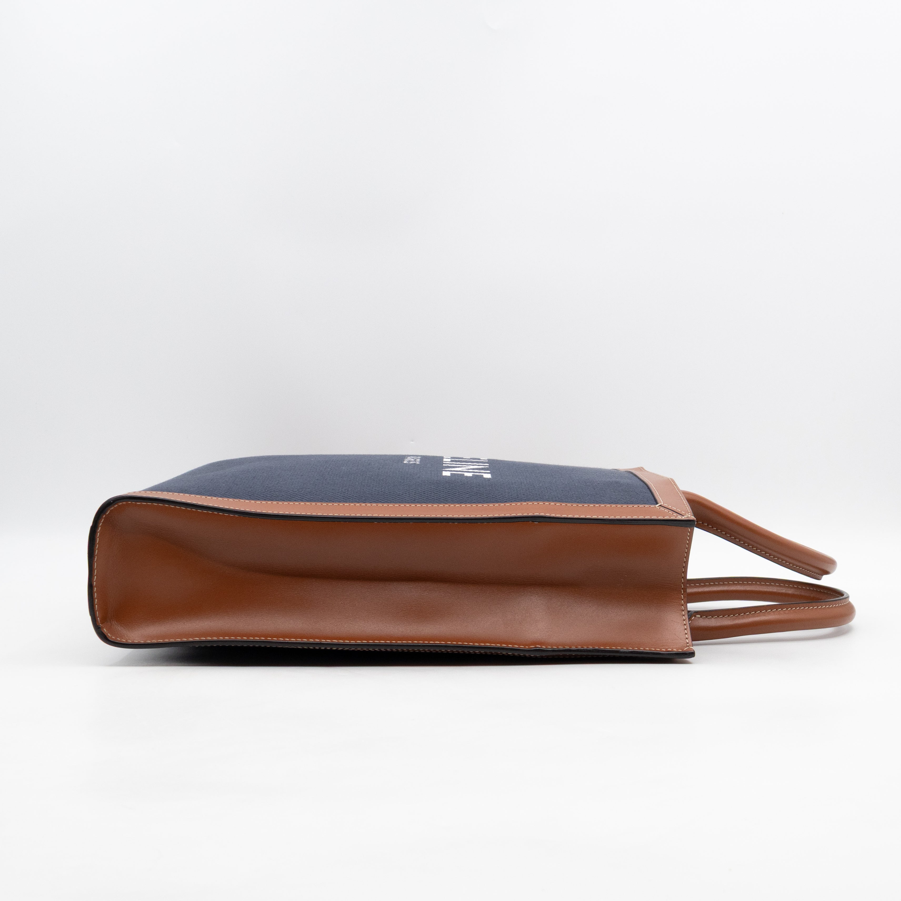Small Vertical Cabas Navy Blue Canvas & Brown Leather