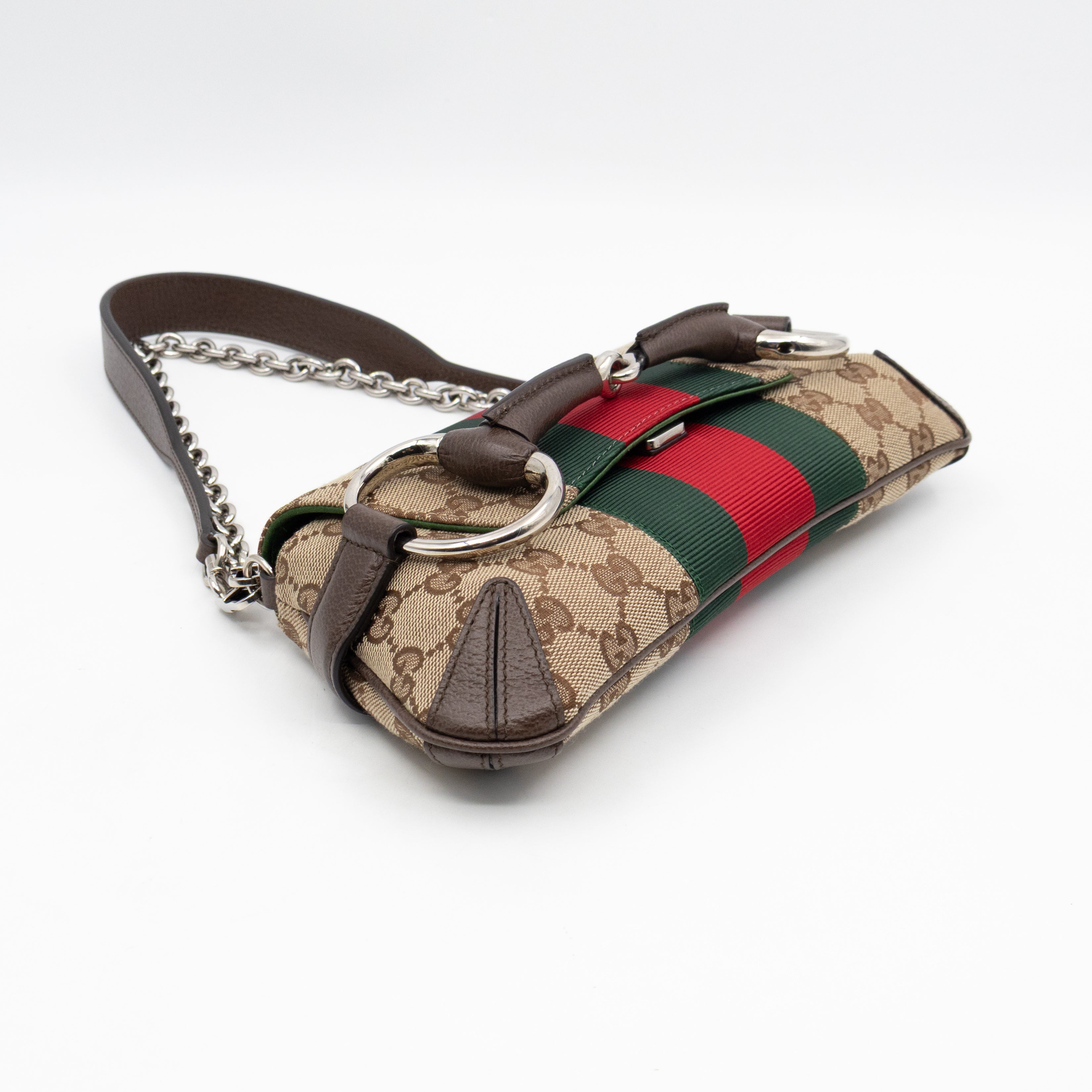 Horsebit Chain Small Shoulder Bag GG Canvas Brown Leather