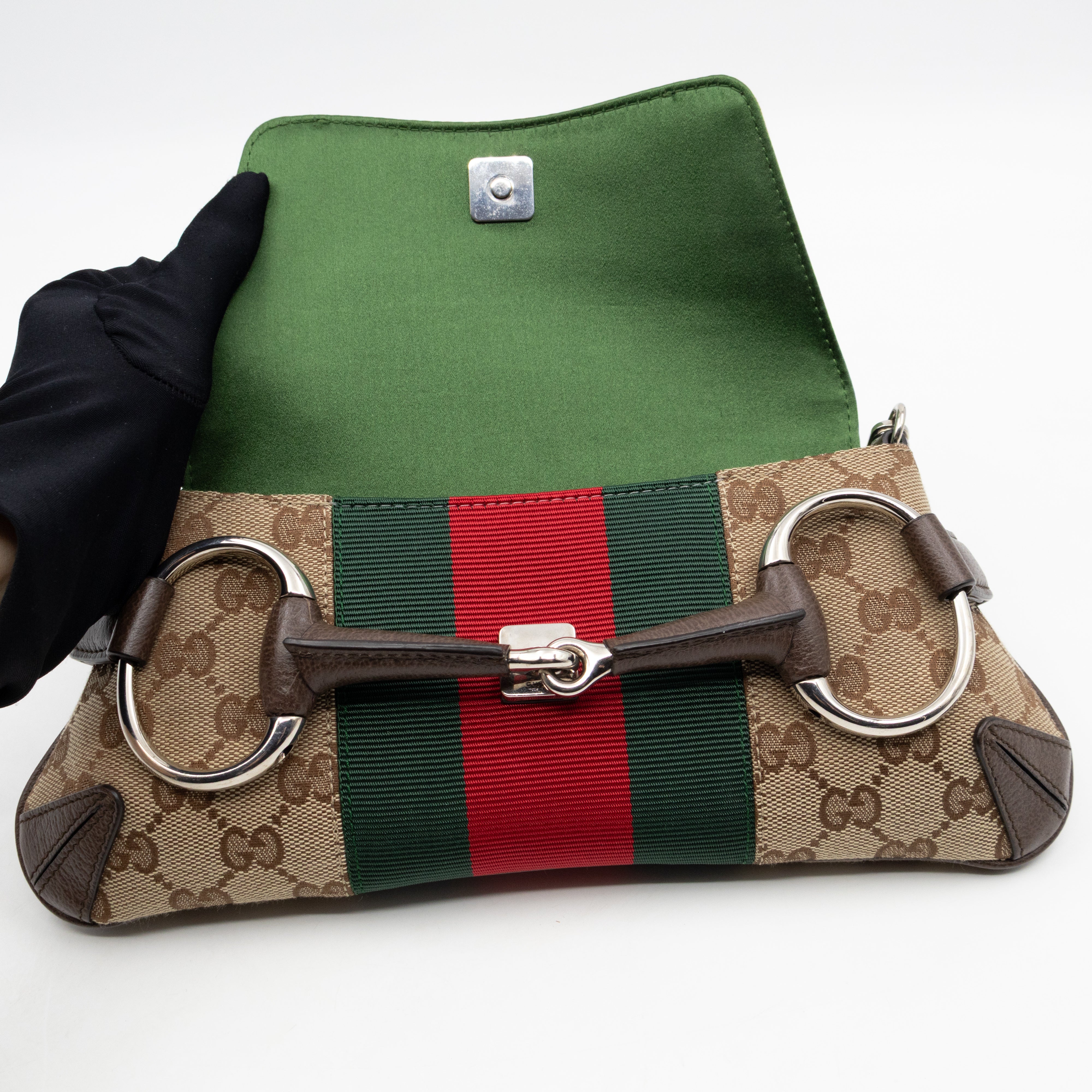 Horsebit Chain Small Shoulder Bag GG Canvas Brown Leather