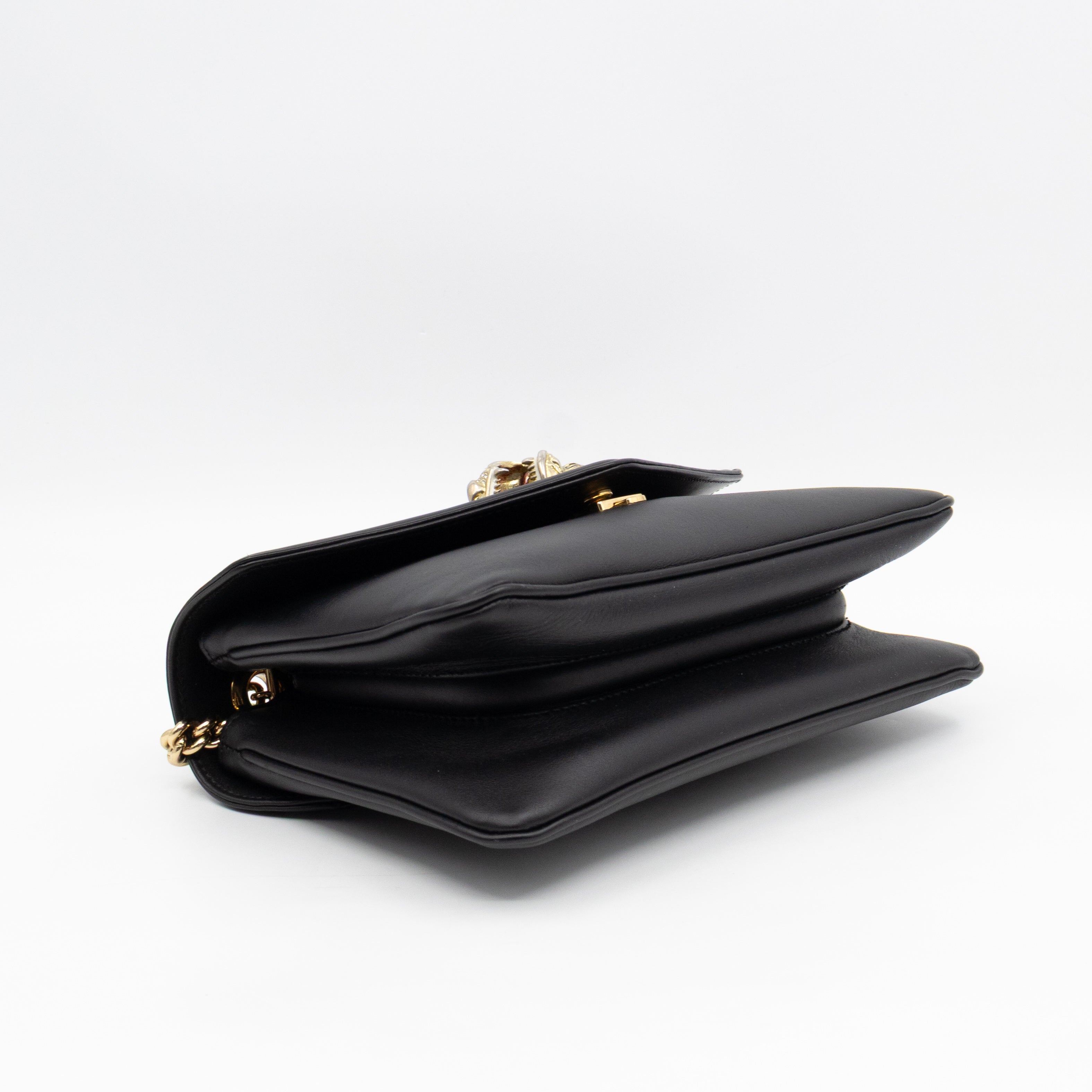 Rajah Small Tiger Head Chain Shoulder Bag Black Leather