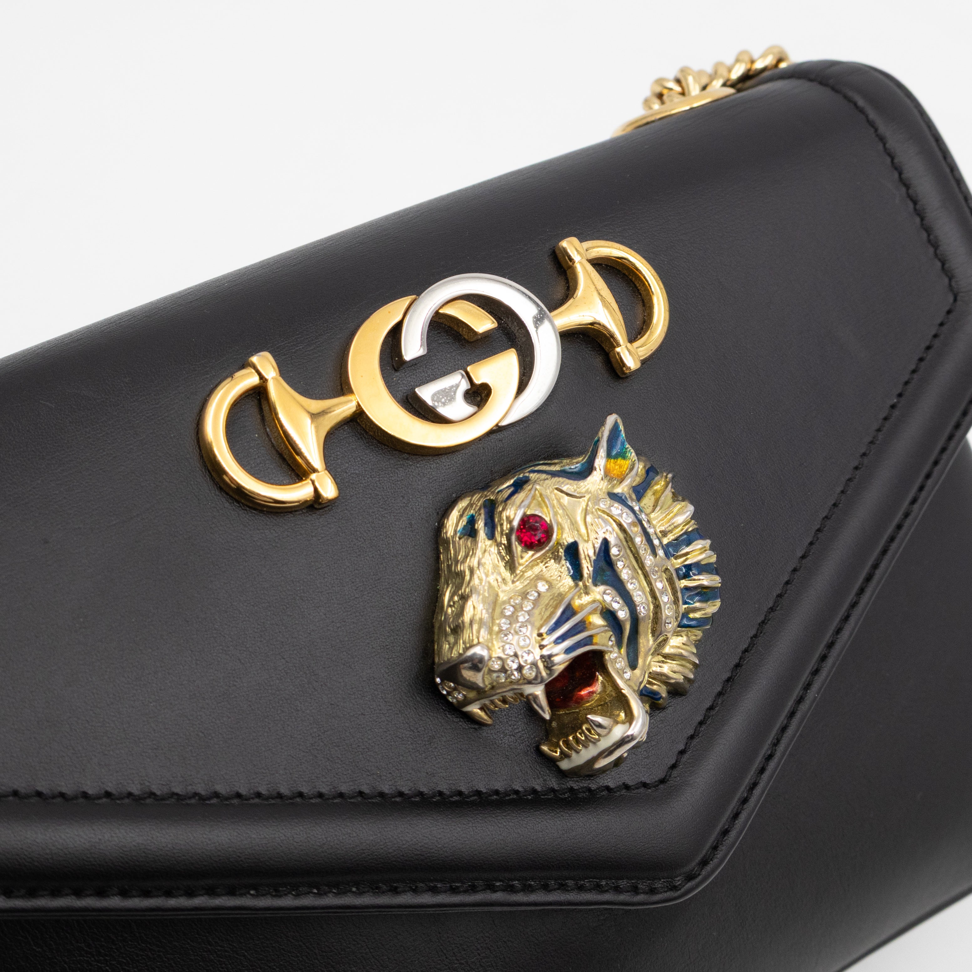 Rajah Small Tiger Head Chain Shoulder Bag Black Leather