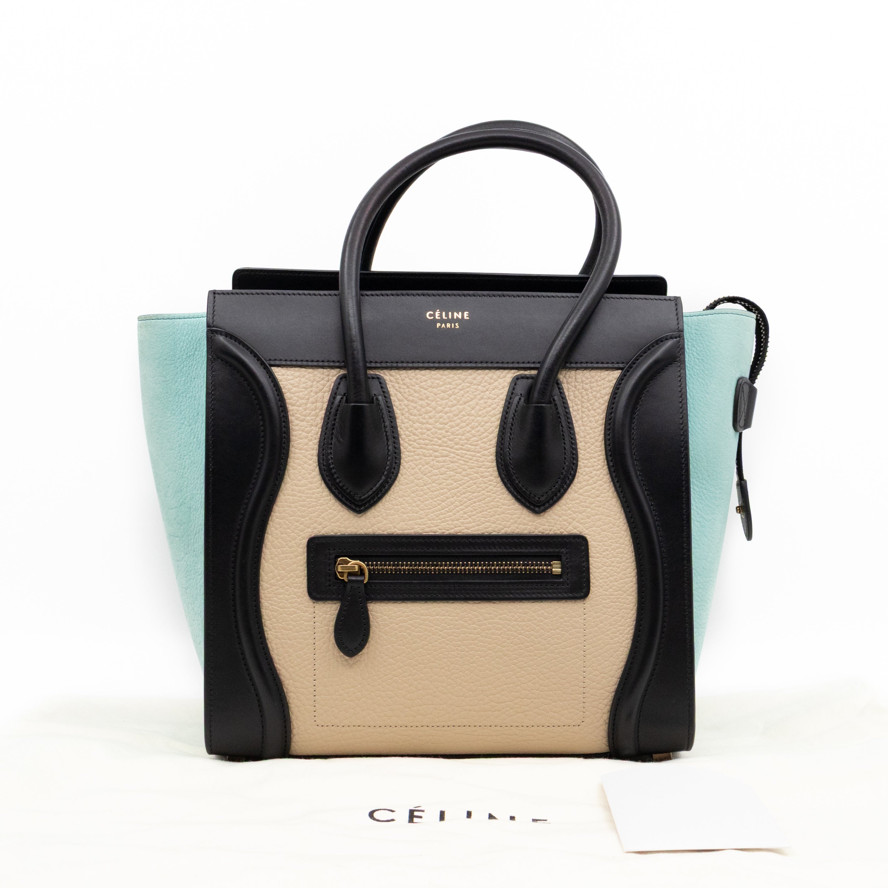 Micro Luggage Black & Mint Blue & Beige Leather